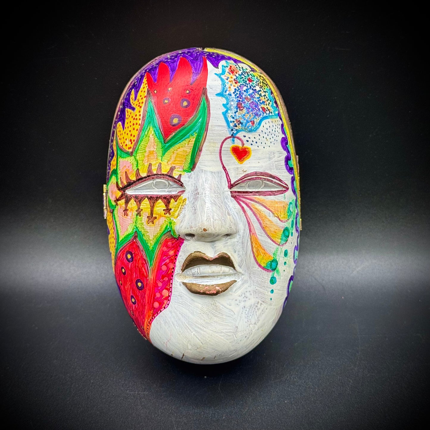 Whimsical Mask Motif Carved Wood Box