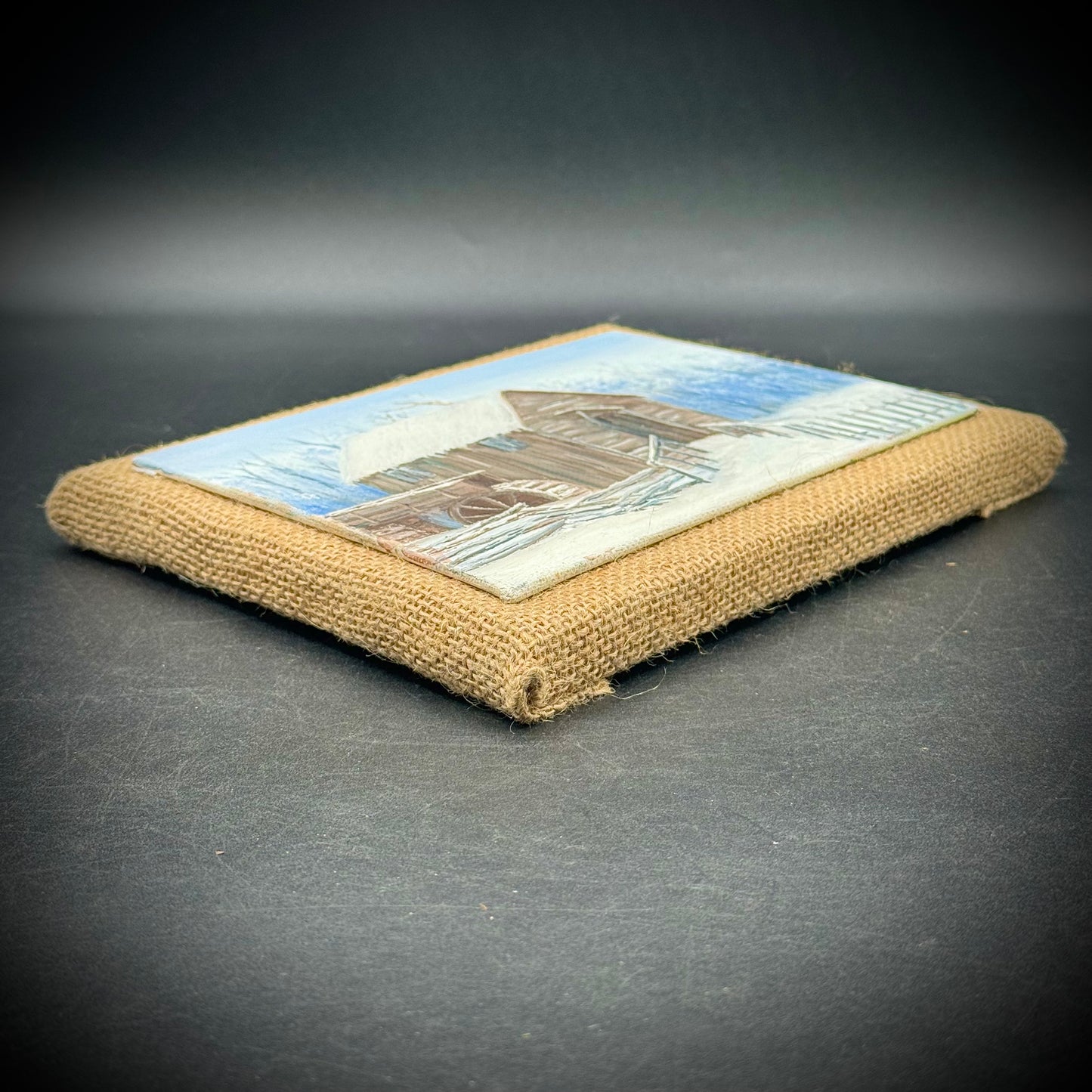 Hand Painted & Artist Signed Winter Scene Mounted on Burlap Frame