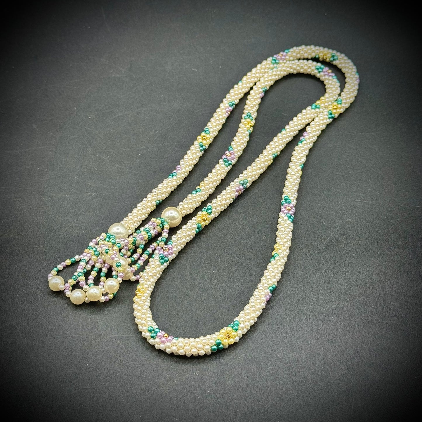 Long Beaded Pearl Motif Lariat Necklace