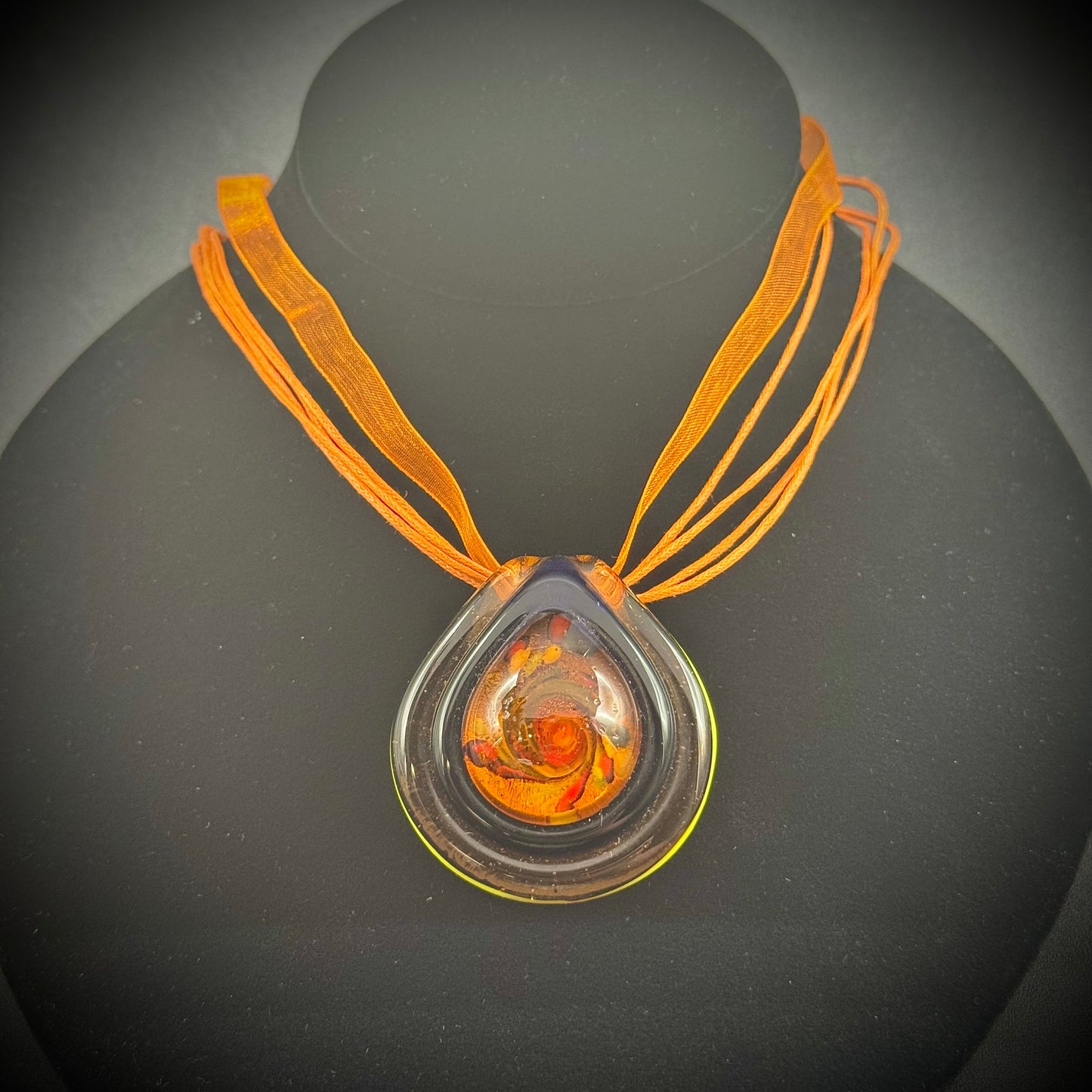 Murano Art Glass Necklace with Orange & Black Silk