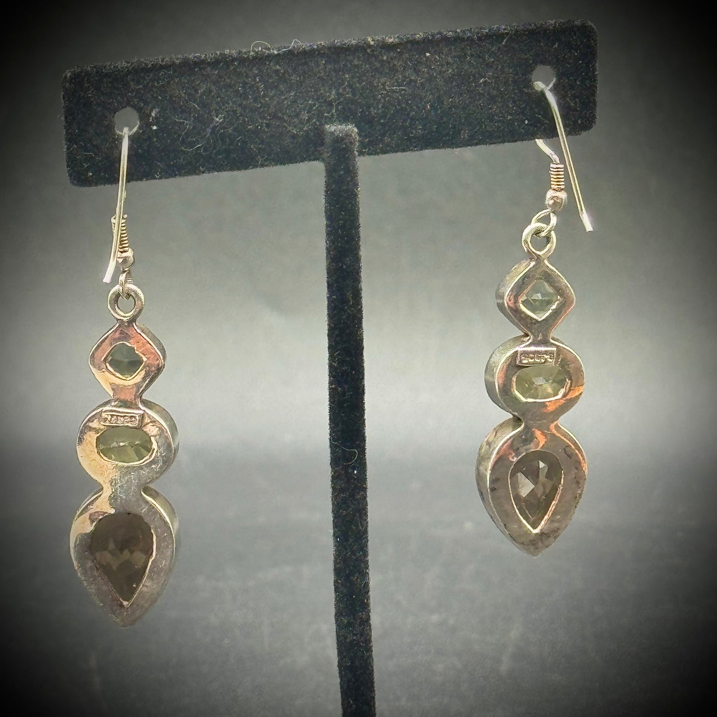 Heavy Sterling Silver Earrings with Smokey Quartz, Peridot & Aquamarine Stones