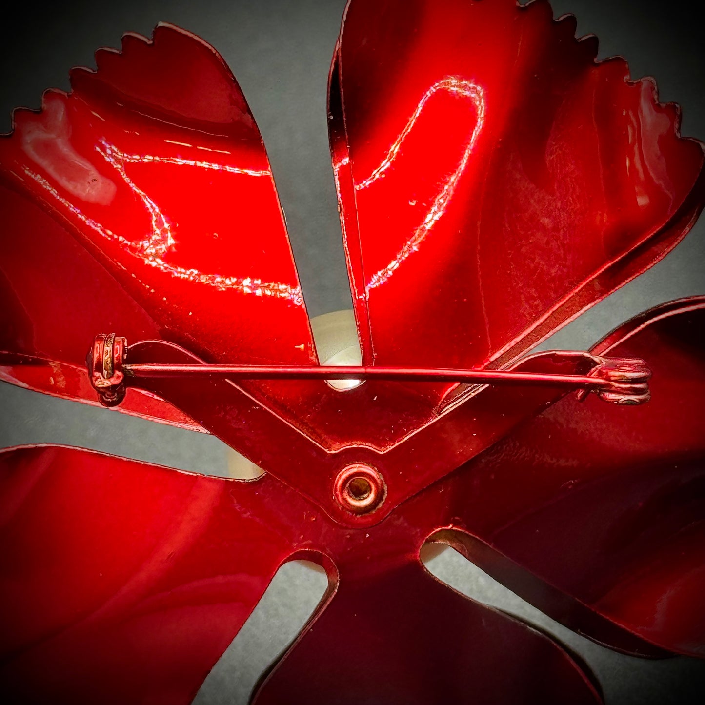 Vintage Large Red Metal Flower Brooch with Pearl