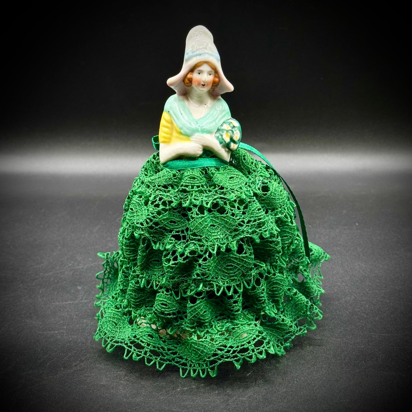 Vintage Japan Porcelain Pin Cushion - Green Lace & Satin Ribbon