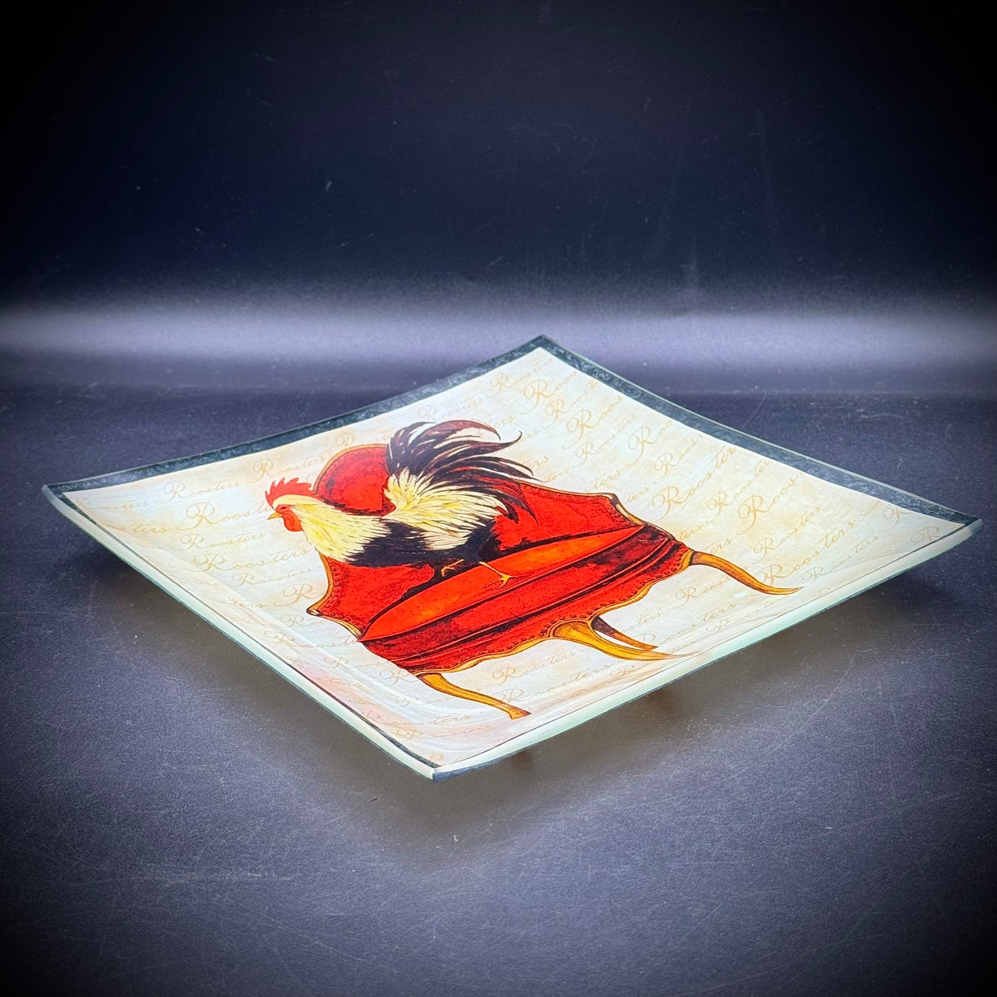 Convex Glass "Chicken on Chair" Motif Dish