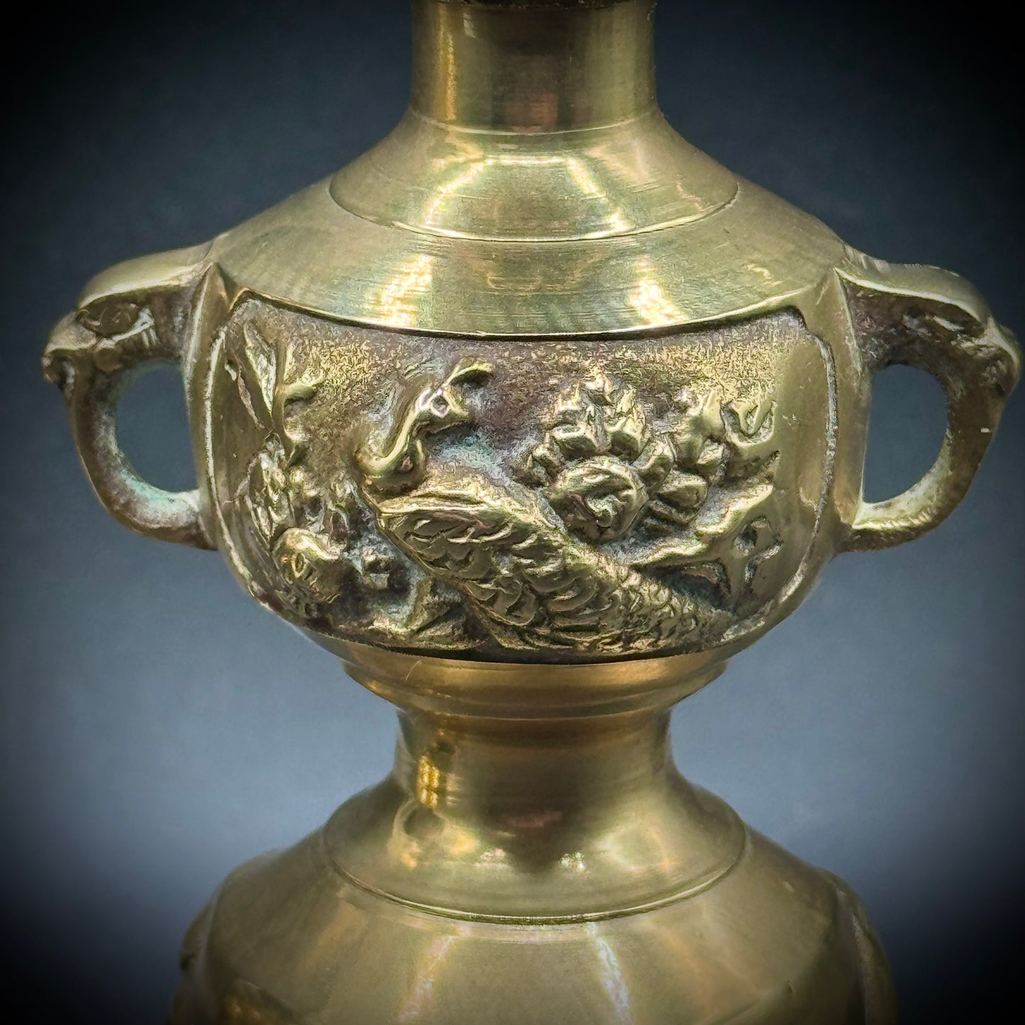 Pair of Meiji Era Brass Candlesticks with Peacock Motif - Made in Japan