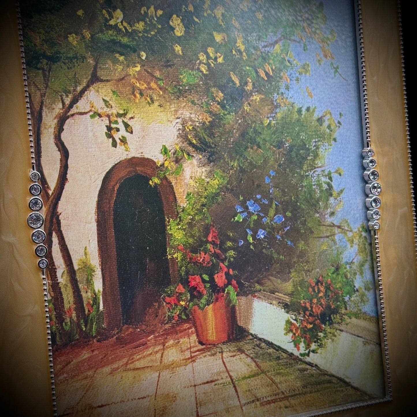 Large Enamel & Crystal Frame with Beautiful Vintage 1970s Print