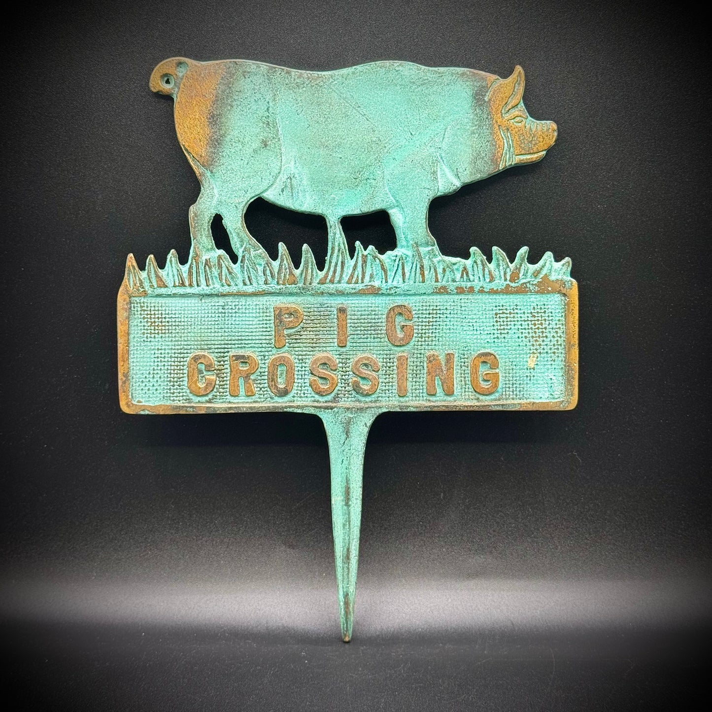 Vintage Heavy Brass & Copper Pig Crossing Stake Sign