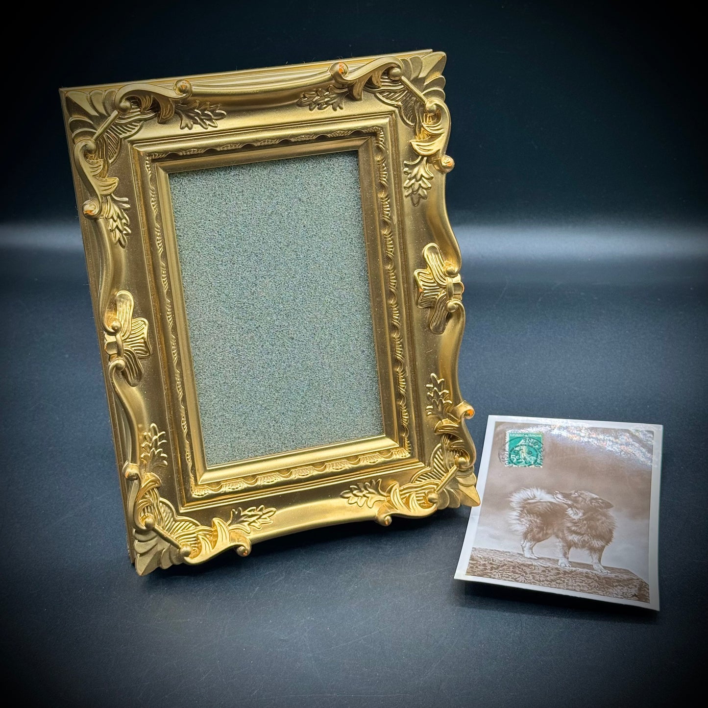 Gold Ornate Frame with Antique French Dog Postcard