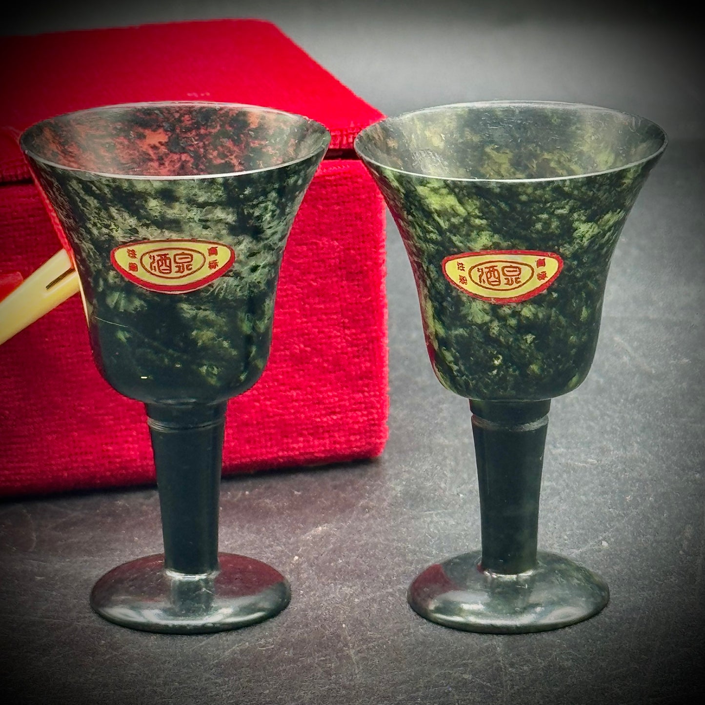 Vintage 1960s Spinach Jade Cups with Original Labels