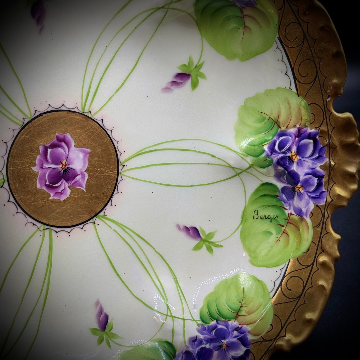 Antique Havilland France Signed Floral Bas Relief and Gold Accented Bowl