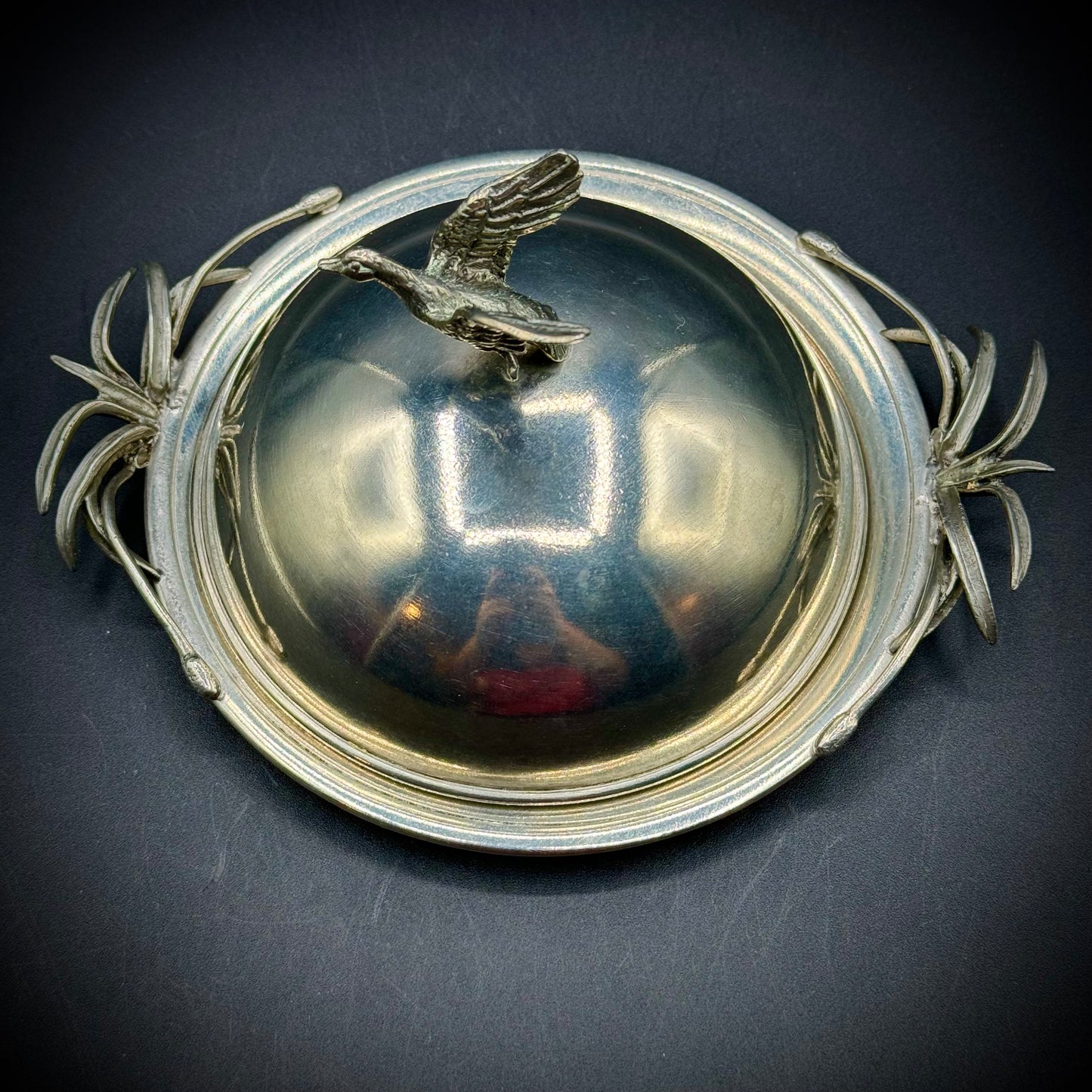 Antique Victorian Era Fois Gras Domed Serving Dish with Goose Motif - Marked 95% Silver