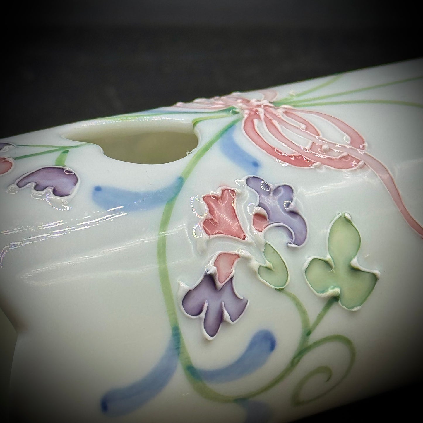 Etched Porcelain Vase/Holder with Painted Flower & Heart Motif