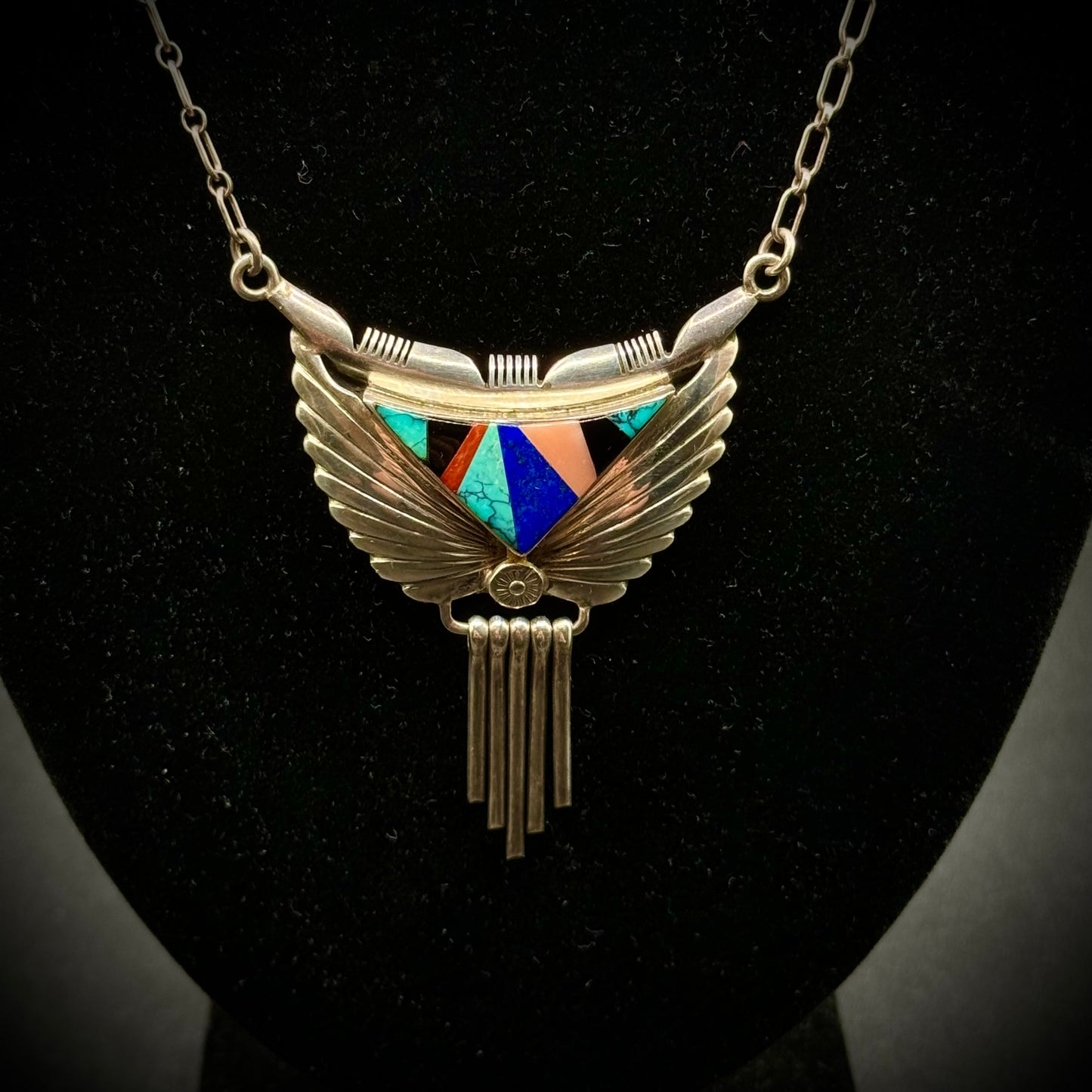 Exquisite Larry Martinez Chavez Signed Sterling Silver & Inlay Native American Necklace