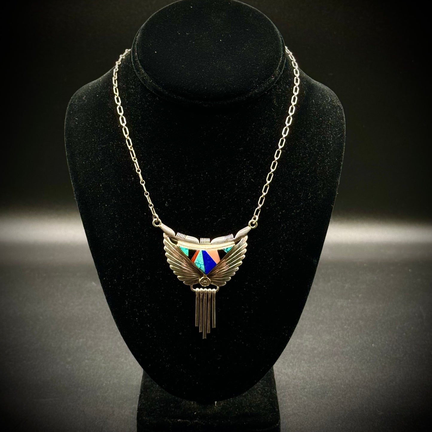 Exquisite Larry Martinez Chavez Signed Sterling Silver & Inlay Native American Necklace