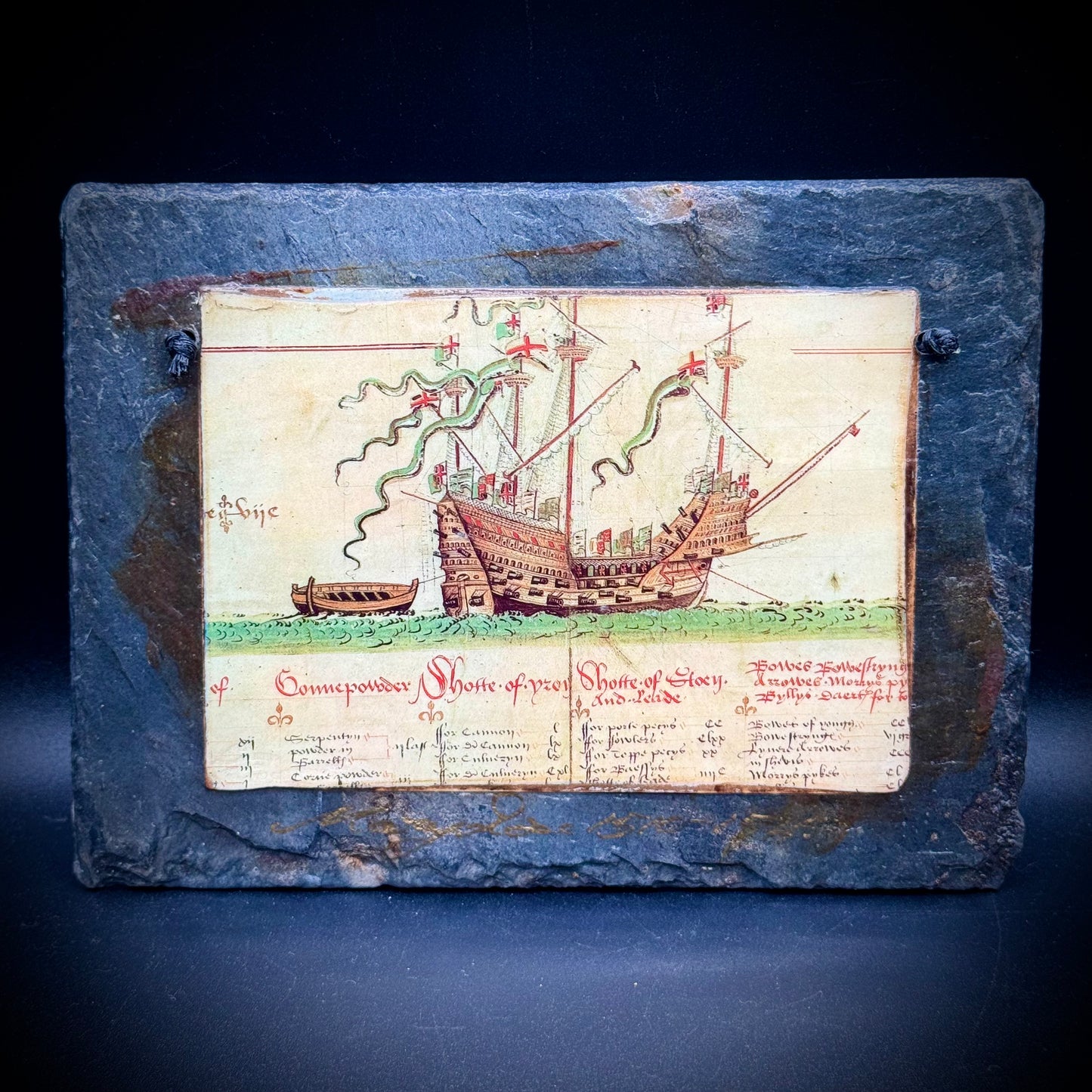 Hanging Slate Tile w/Renaissance Ship Art - Made in England