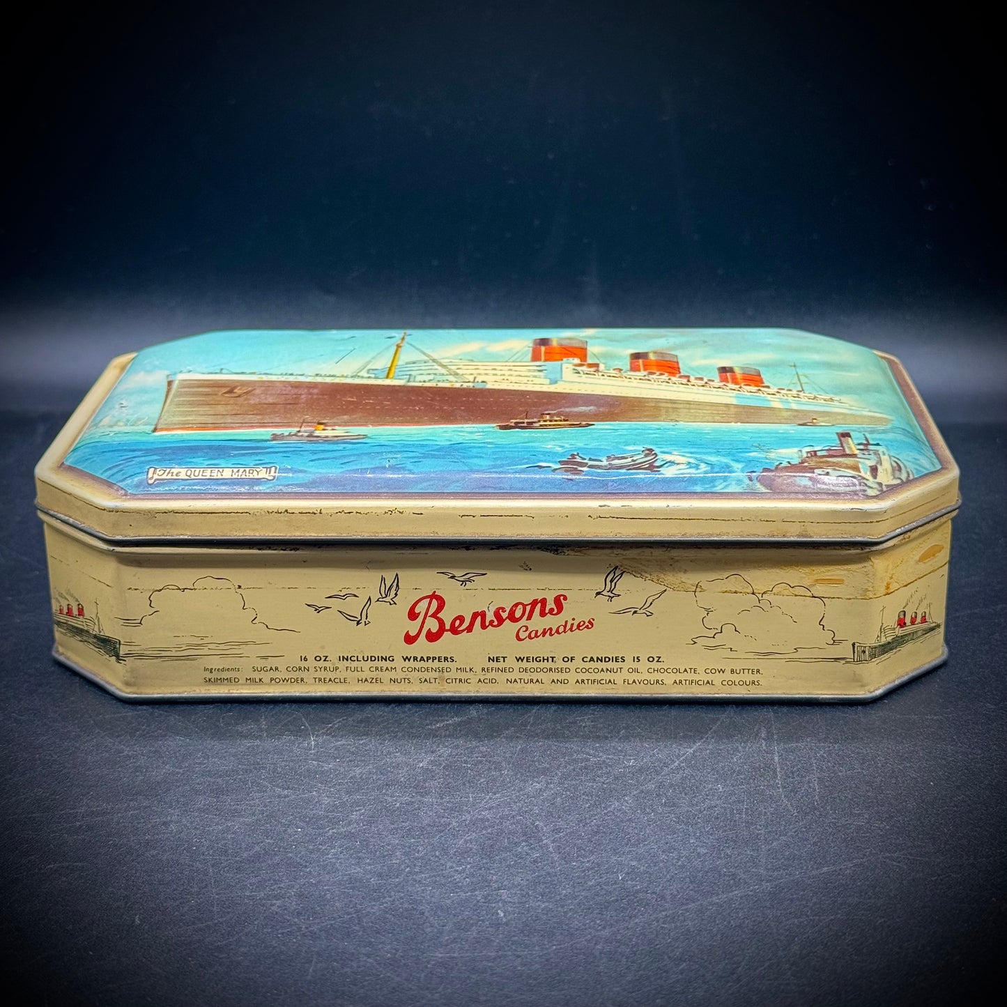 Vintage English Candy Tin with Queen Mary Steamship Artwork