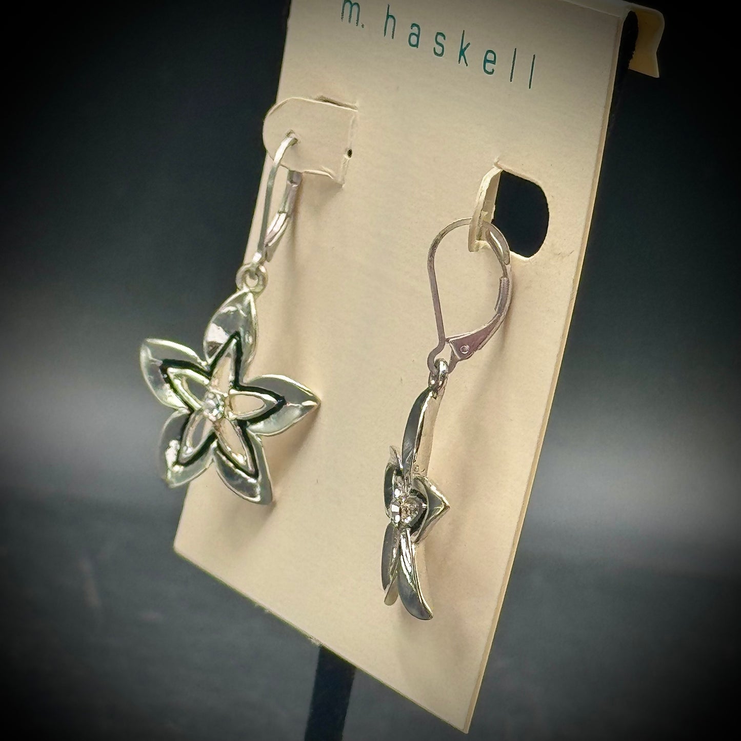 Vintage Miriam Haskell Silver Tone & Crystal Center Flower Earrings - New On Board