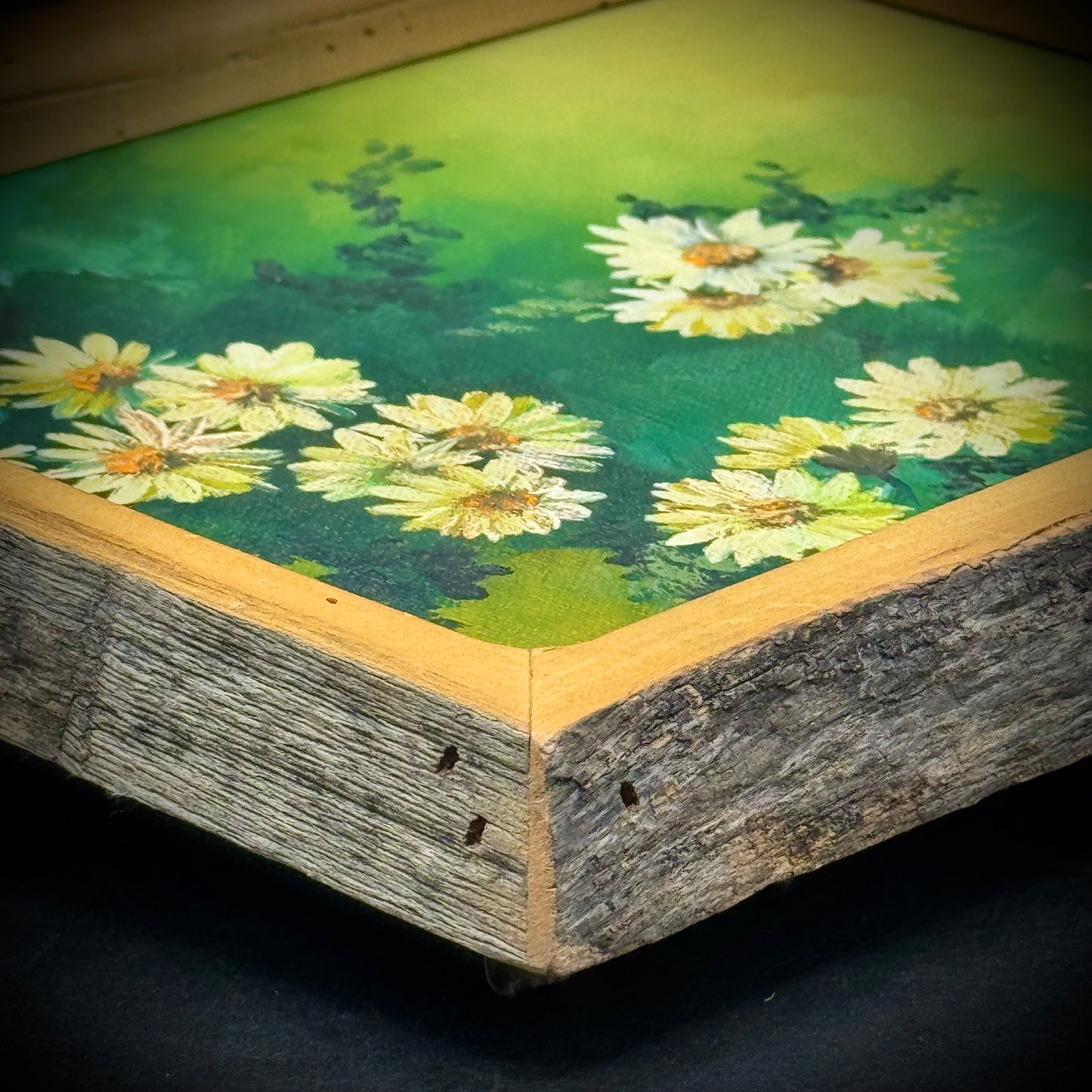 Original Artist Signed Flower Motif Oil Painting in Hand Made Wood Frame