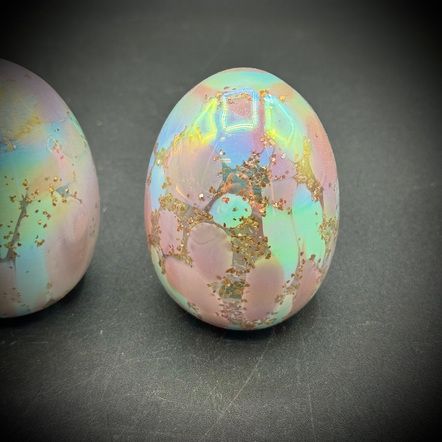 Three Art Glass Opalescent Decorative Eggs