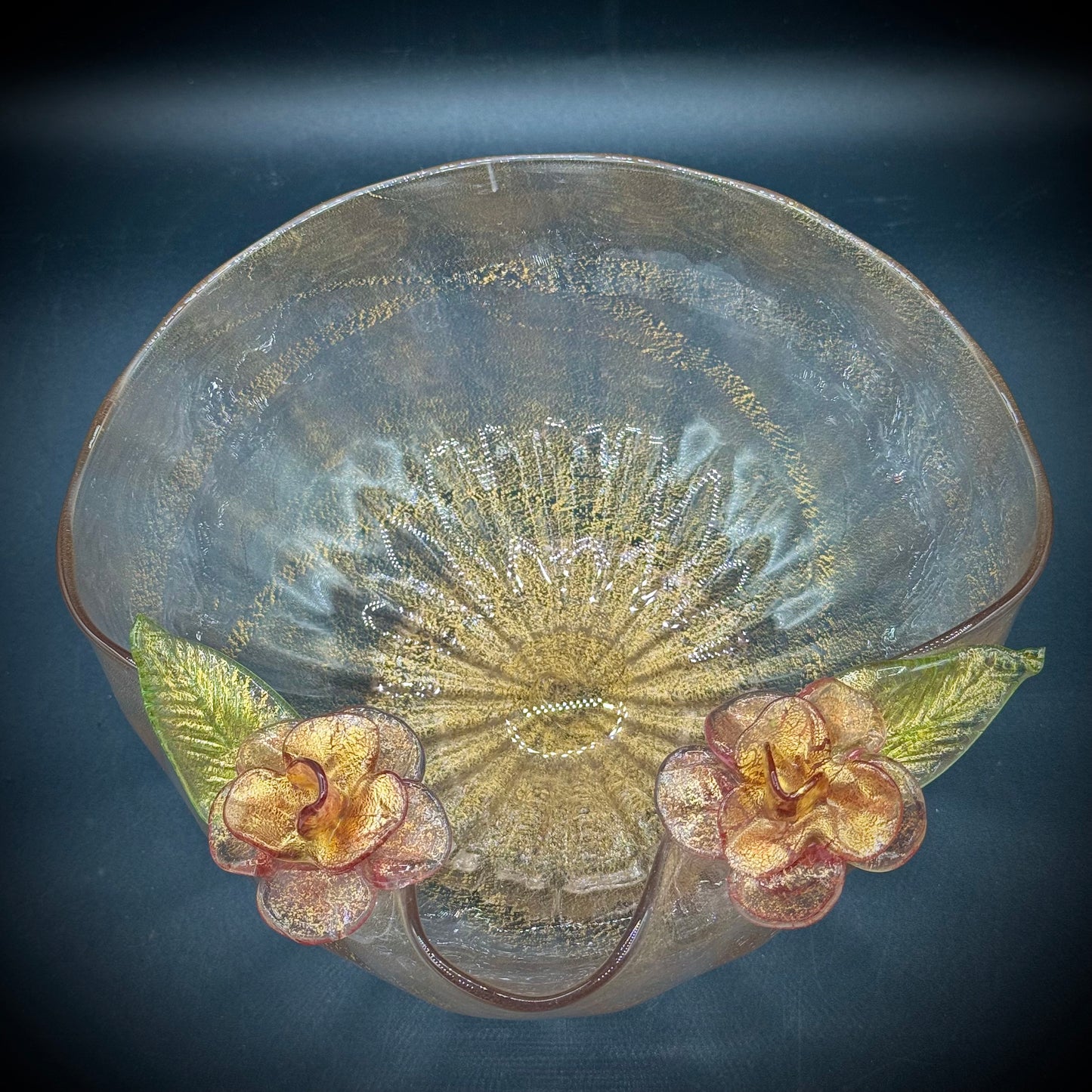 Exquisite Murano Glass Pedestal Bowl with Detailed Flower Motif & Gold Flecks
