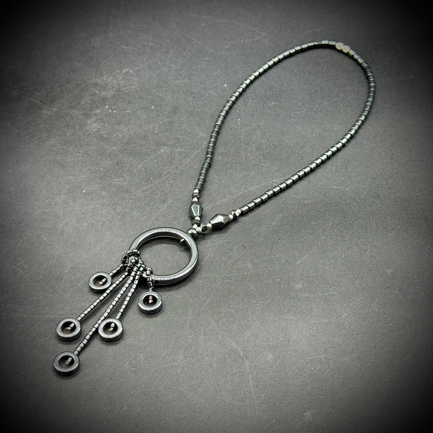 Hematite Circle Motif Necklace with Barrel Screw Clasp