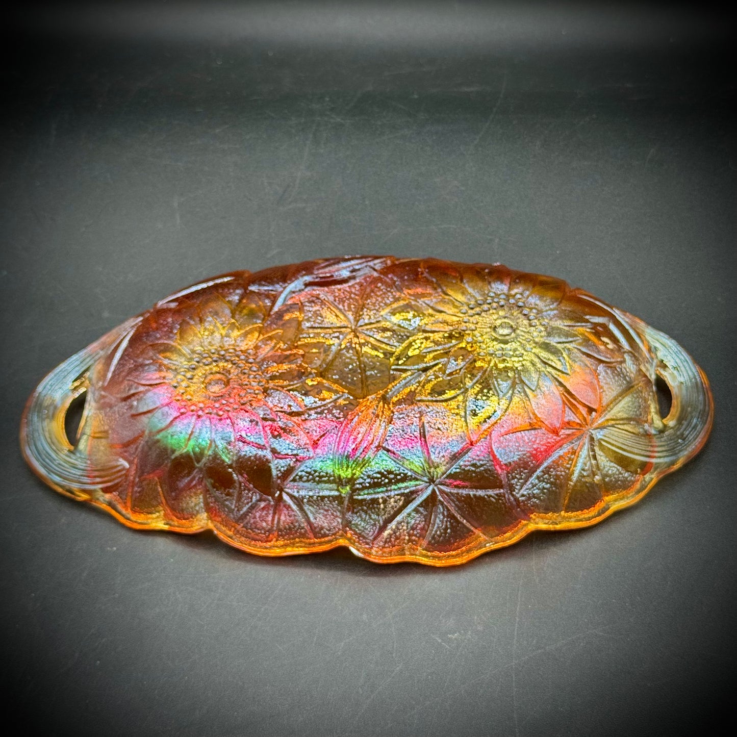 Vintage Indiana Carnival Glass "Lily Pons" Marigold Handled Dish