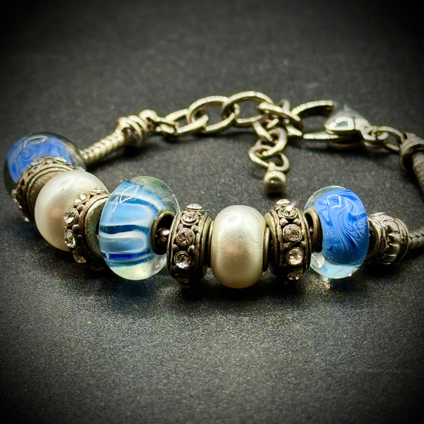 Bella Perlina Charm Bracelet Featuring Aqua & White Beads w/Rhinestones