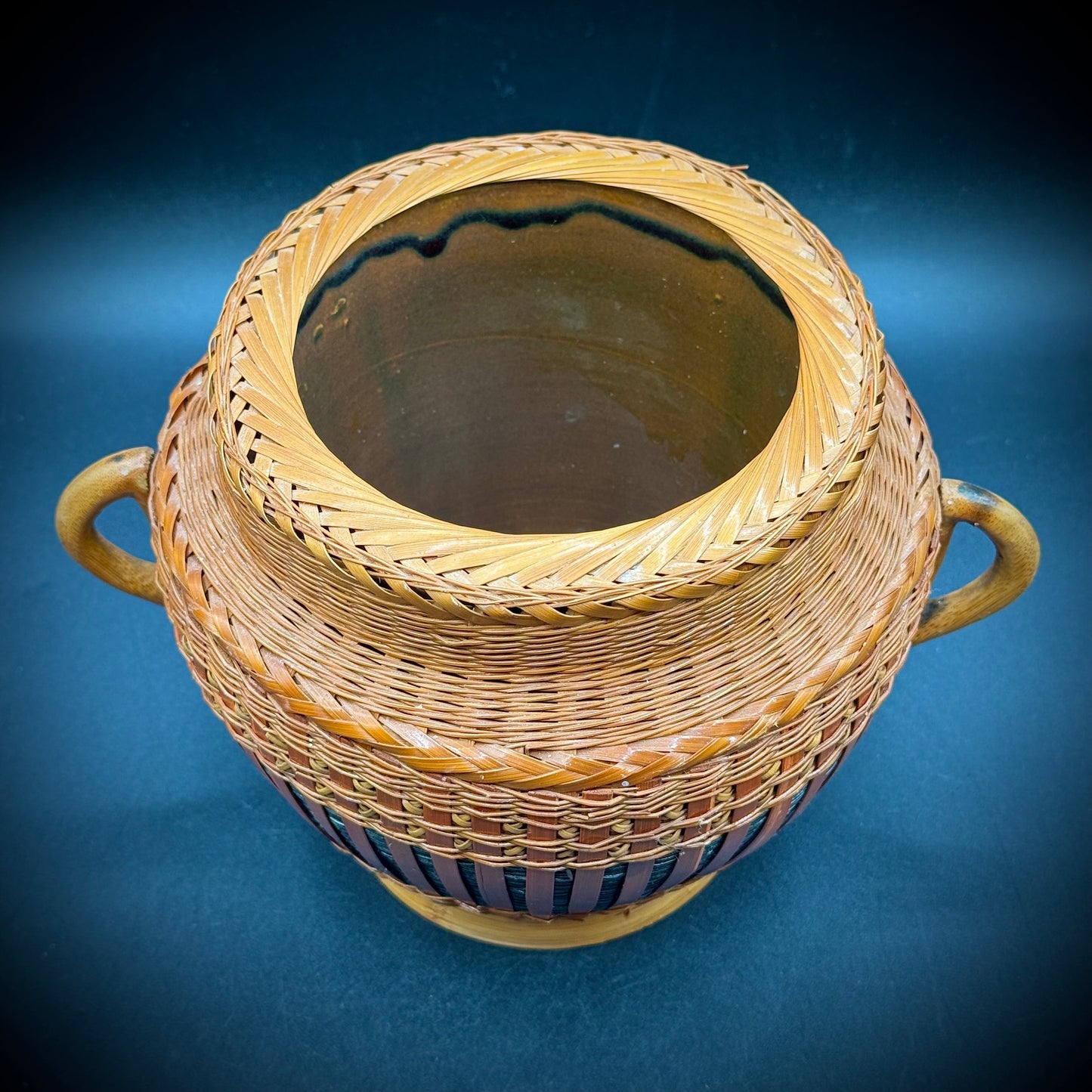 Vintage 1970s Heavy Rattan Basket Planter with Ceramic Insert