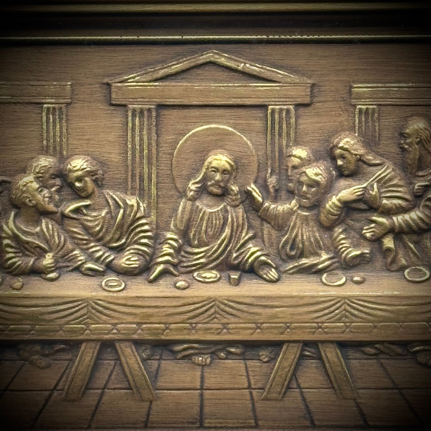 Vintage 1950s Wood & Metal Bas Relief Framed Last Supper - Made in USA