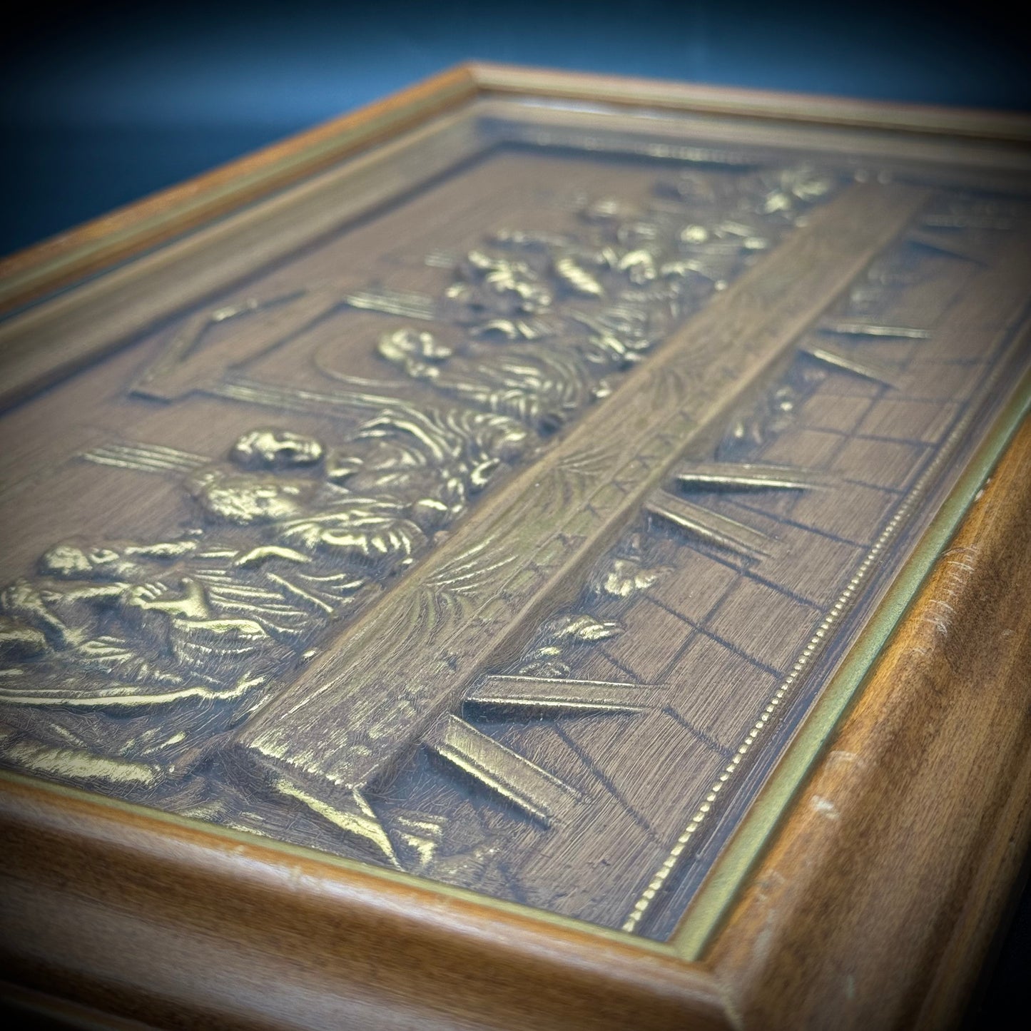 Vintage 1950s Wood & Metal Bas Relief Framed Last Supper - Made in USA