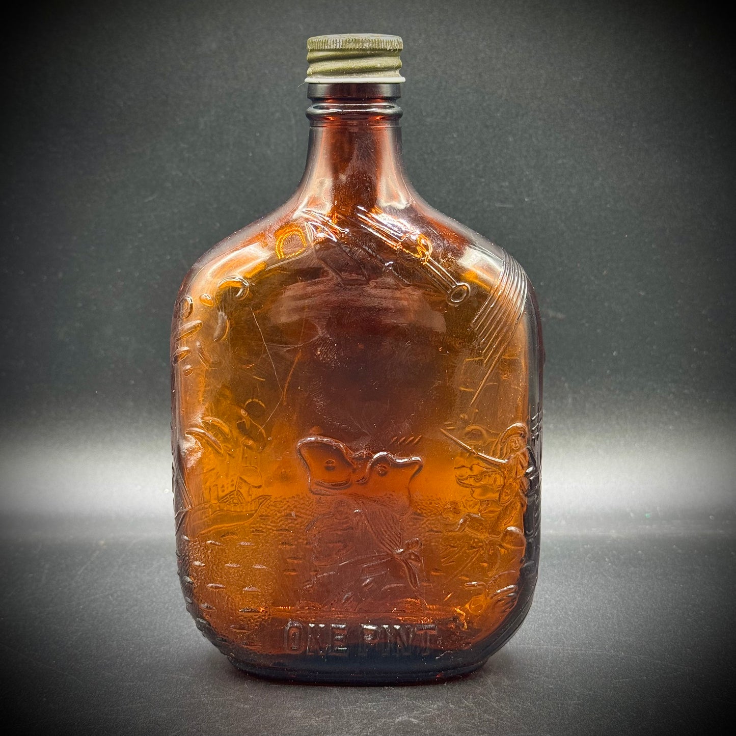 Vintage Amber Colonial Motif Glass Whiskey Bottle