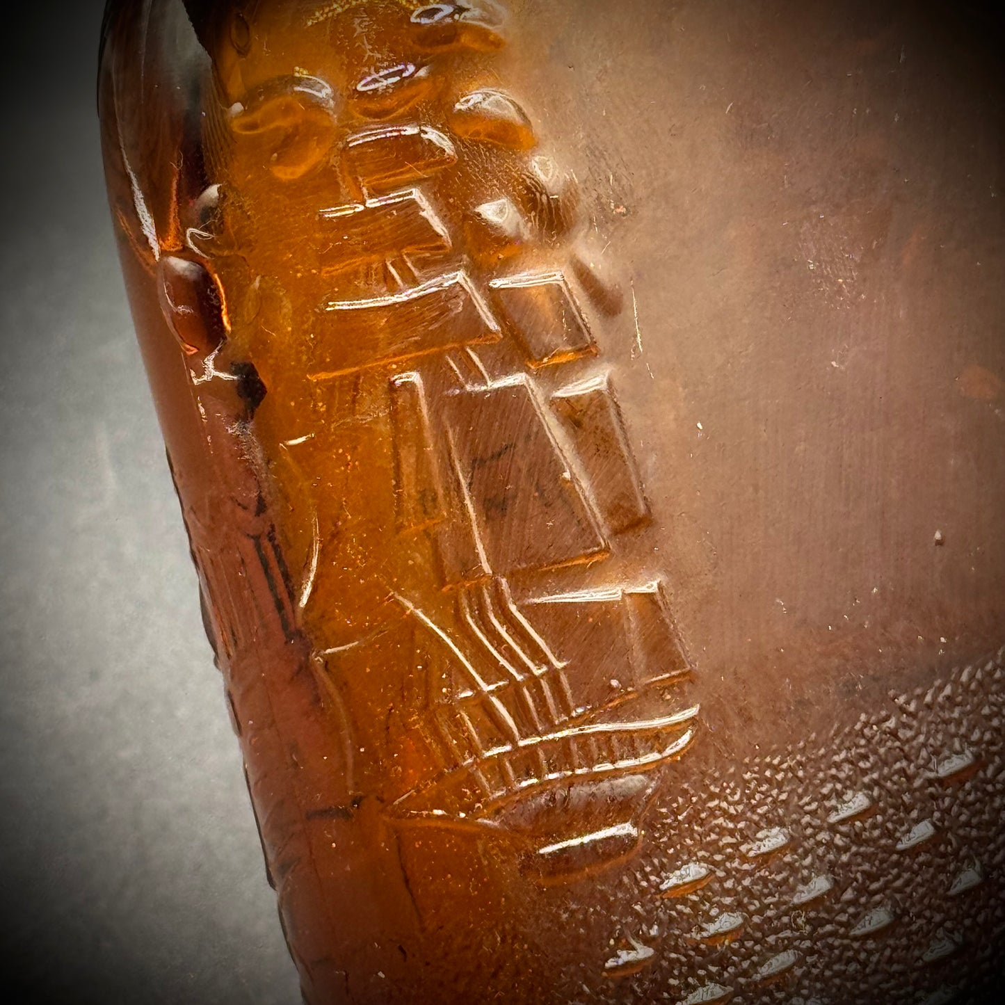 Vintage Amber Colonial Motif Glass Whiskey Bottle