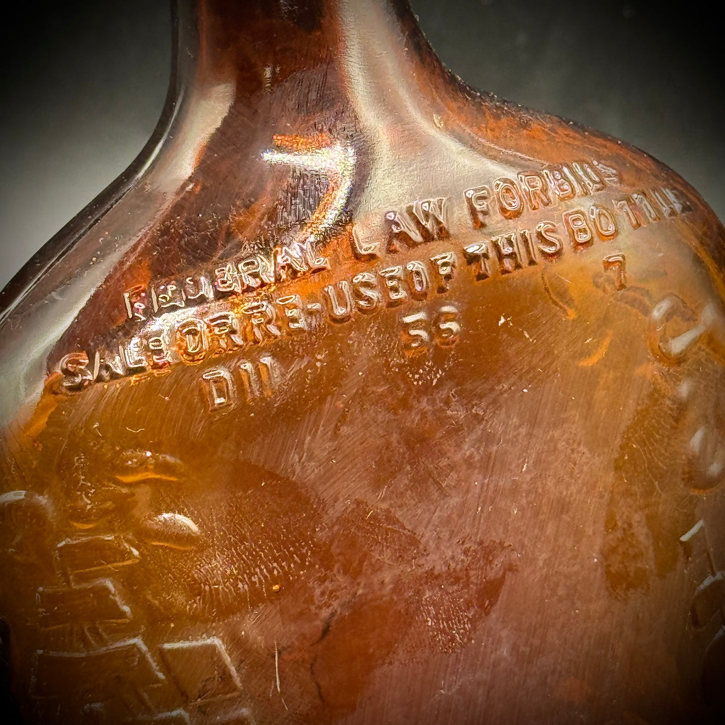 Vintage Amber Colonial Motif Glass Whiskey Bottle