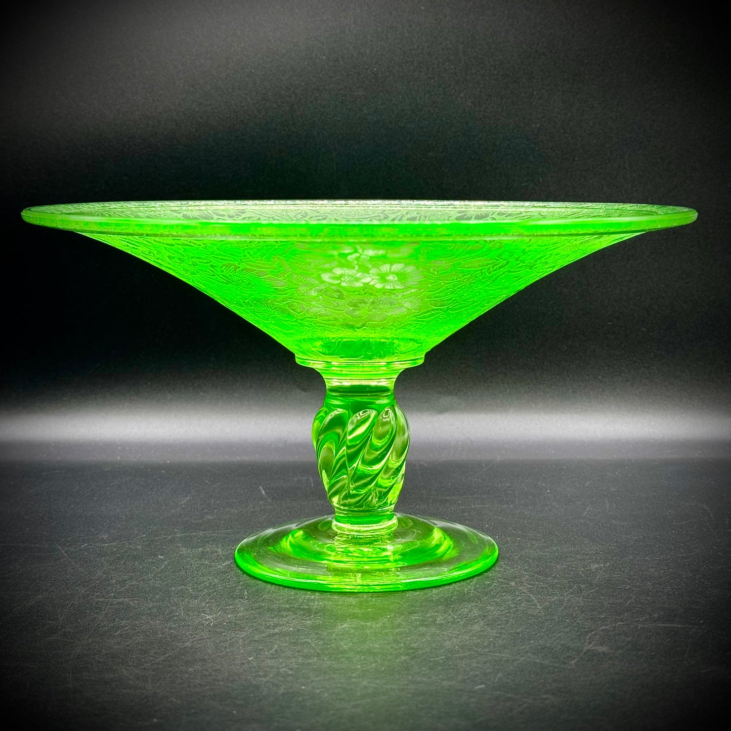 Vintage Fostoria Green Paradise Uranium Glass Compote