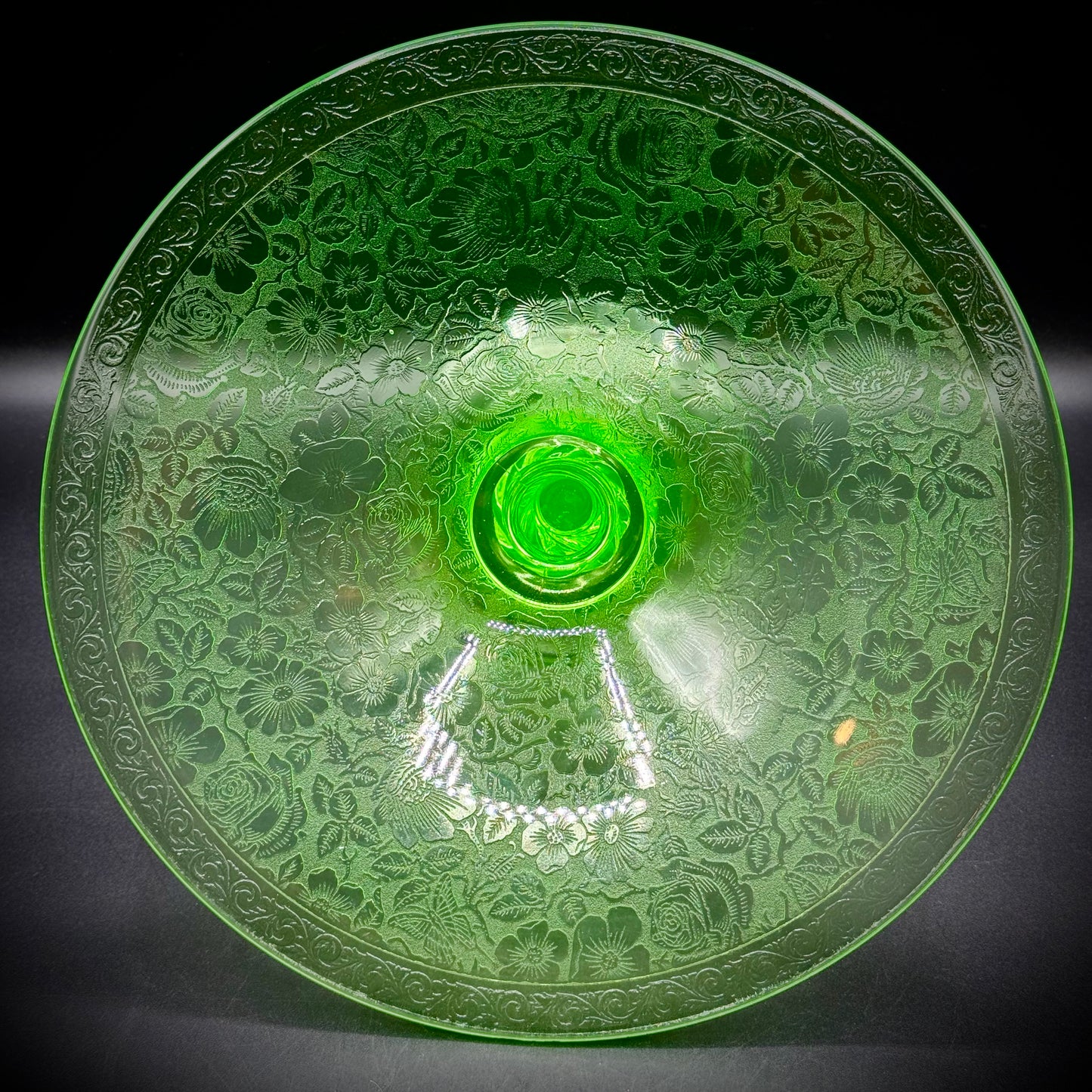 Vintage Fostoria Green Paradise Uranium Glass Compote