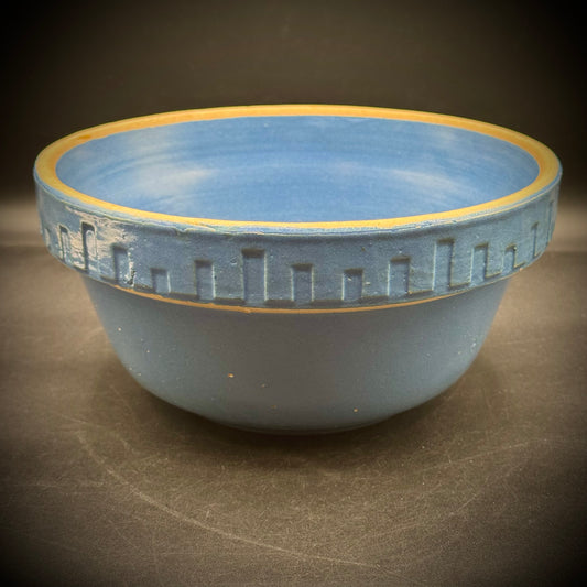 Antique Blue Stoneware Bowl with Geometric Accents