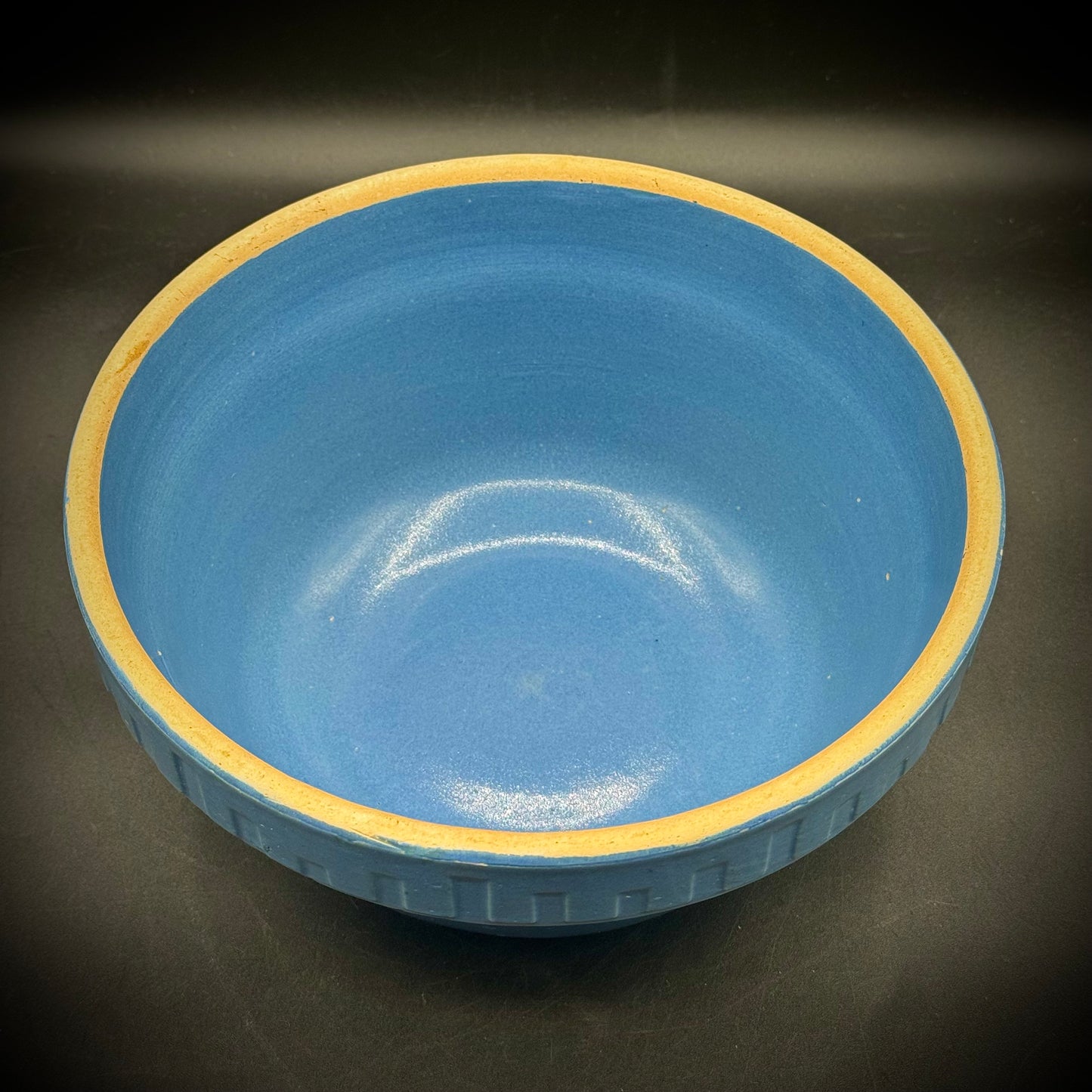 Antique Blue Stoneware Bowl with Geometric Accents