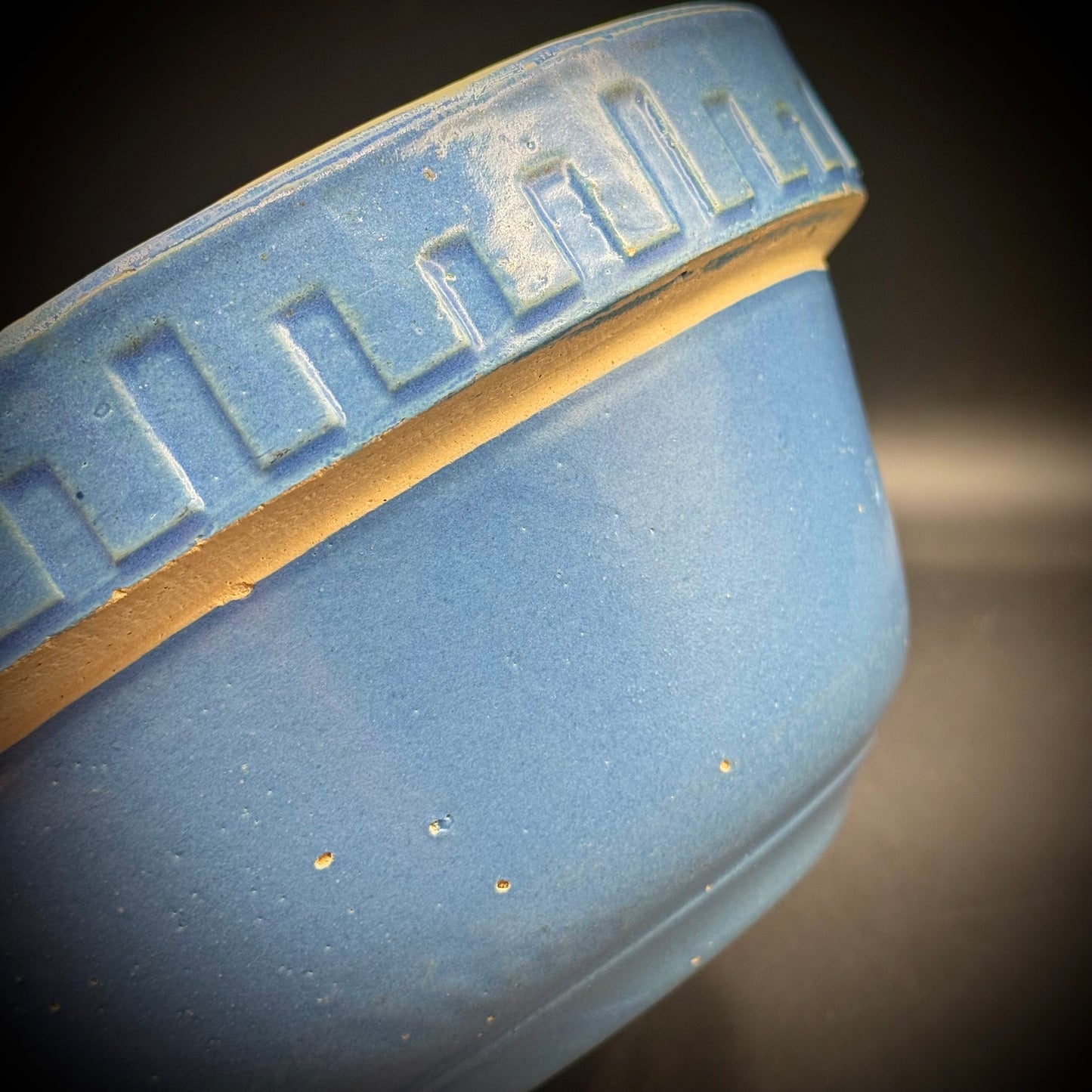 Antique Blue Stoneware Bowl with Geometric Accents