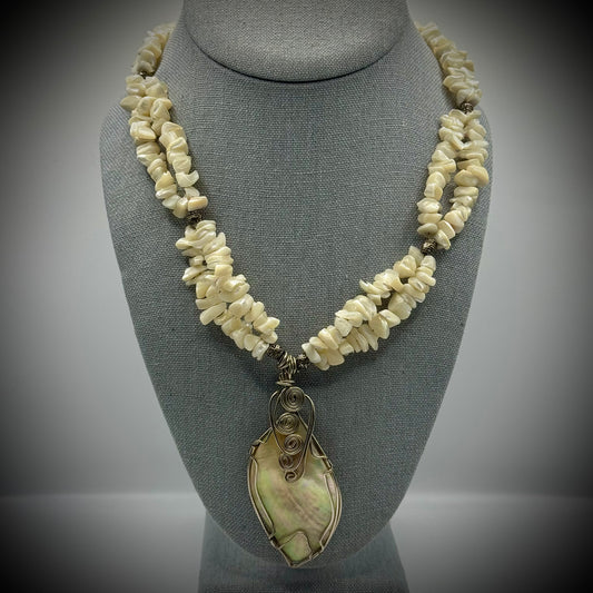 Mother of Pearl and Abalone Double Strand Pendant Necklace