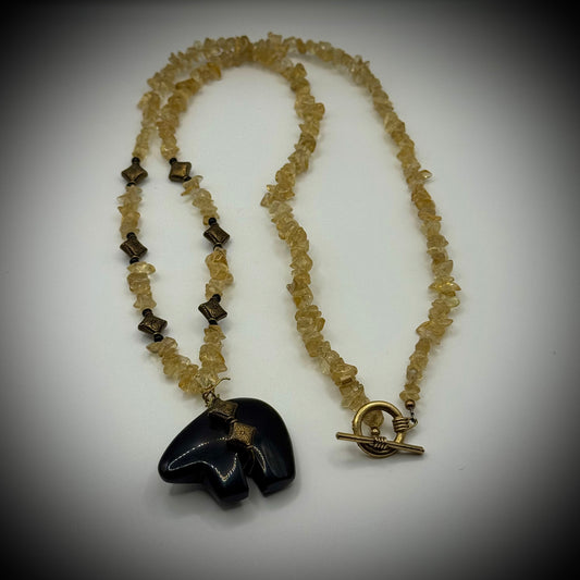 Yellow Quartz Necklace with Carved Onyx Bear Pendant