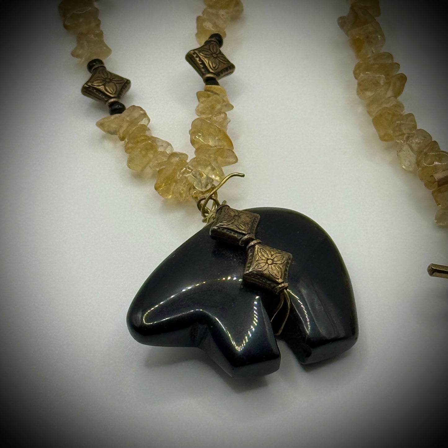Yellow Quartz Necklace with Carved Onyx Bear Pendant