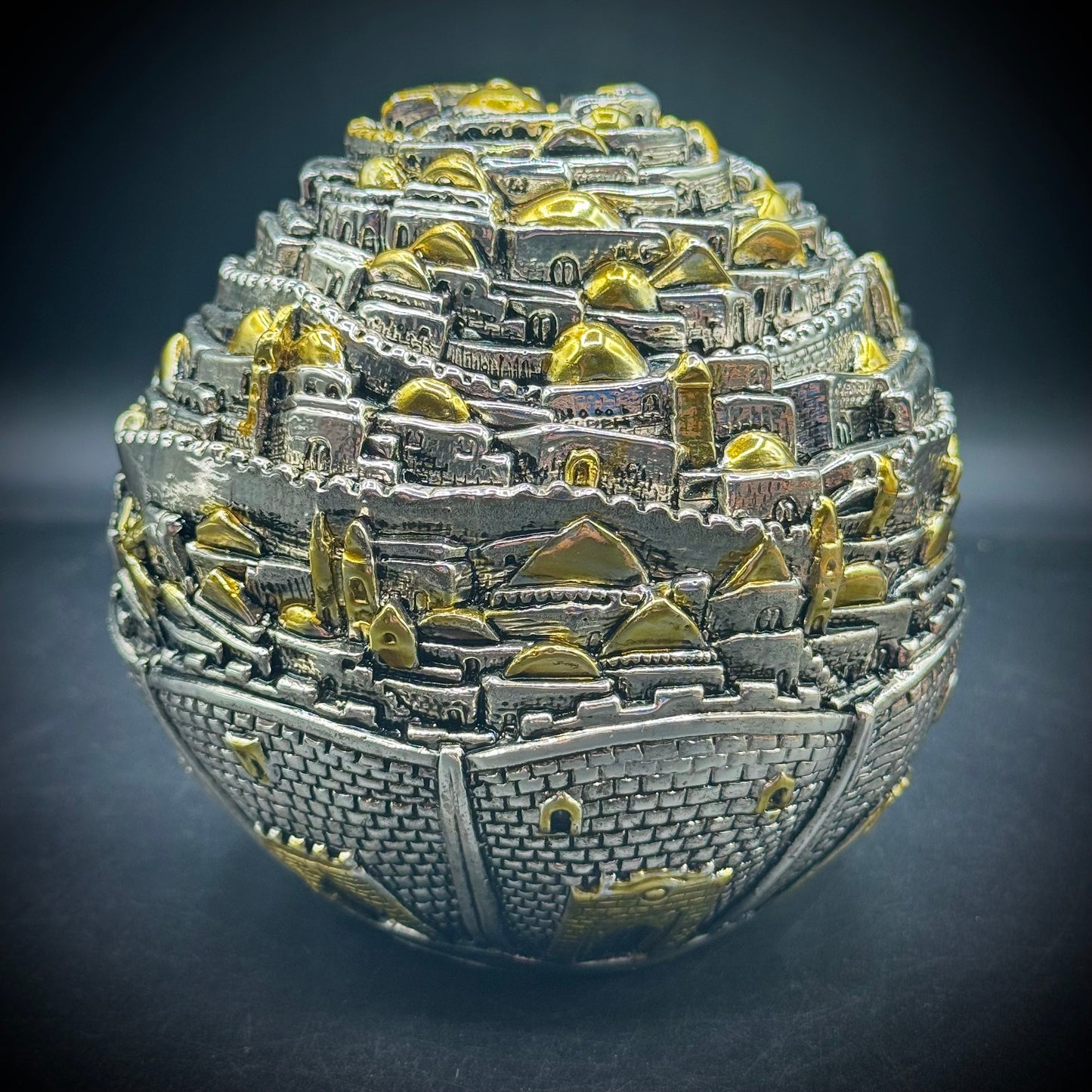 Large Heavy .925 Sterling Silver & Gold Old Jerusalem Ball Globe