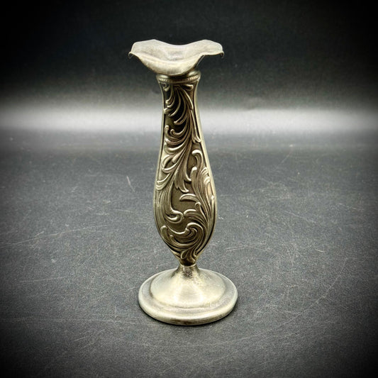 Antique Ornate Scrollwork Pewter Bud Vase