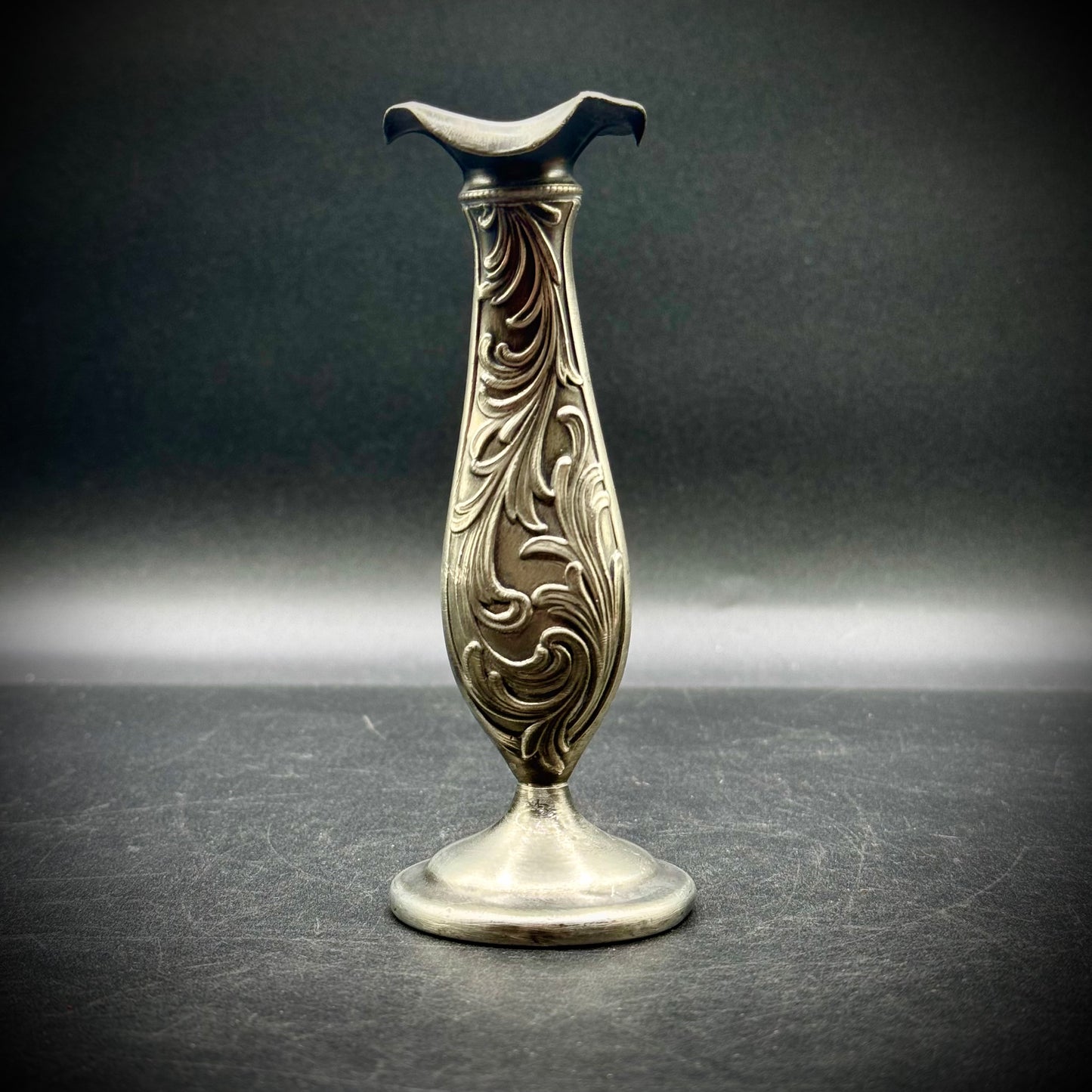 Antique Ornate Scrollwork Pewter Bud Vase