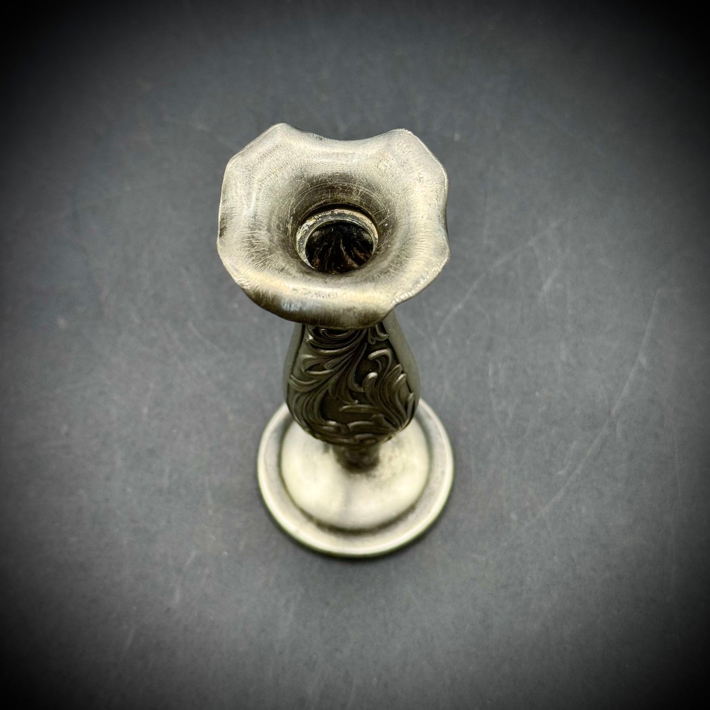 Antique Ornate Scrollwork Pewter Bud Vase