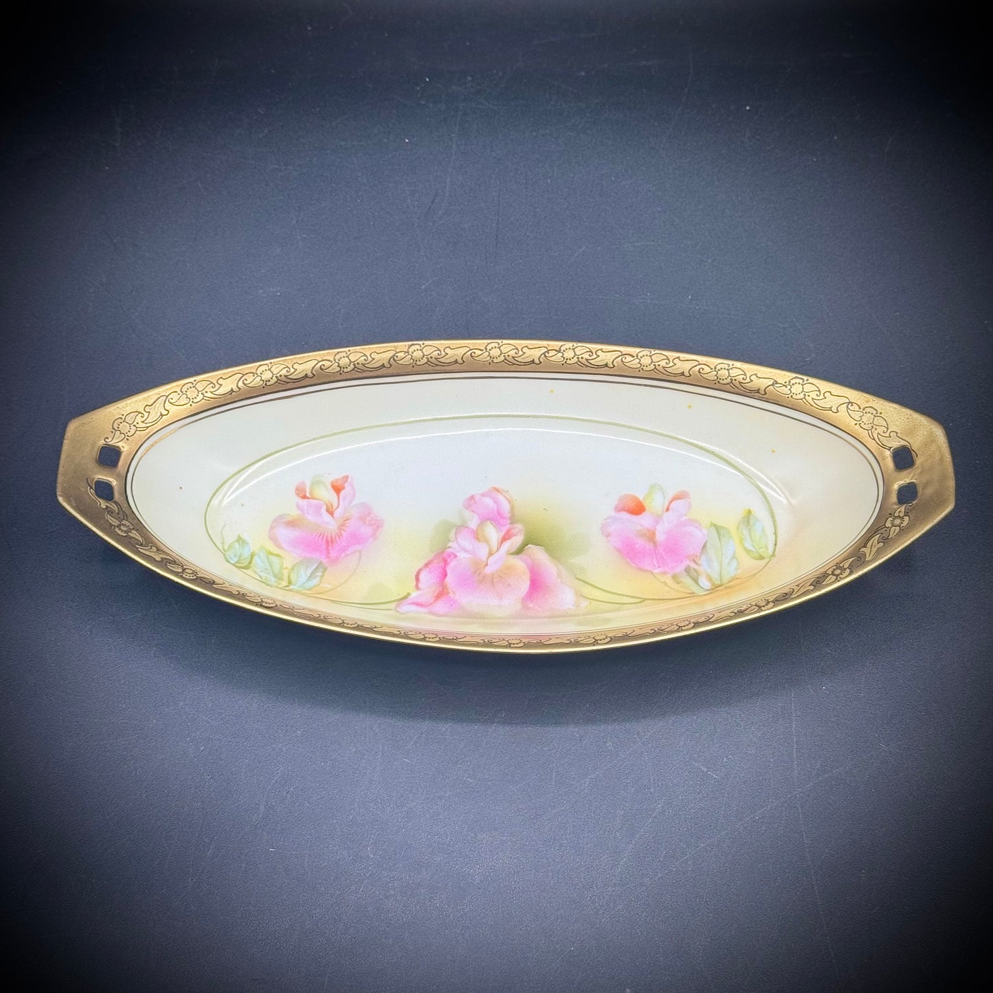 Vintage German Porcelain Dish with Flower Motif & Gold Accents
