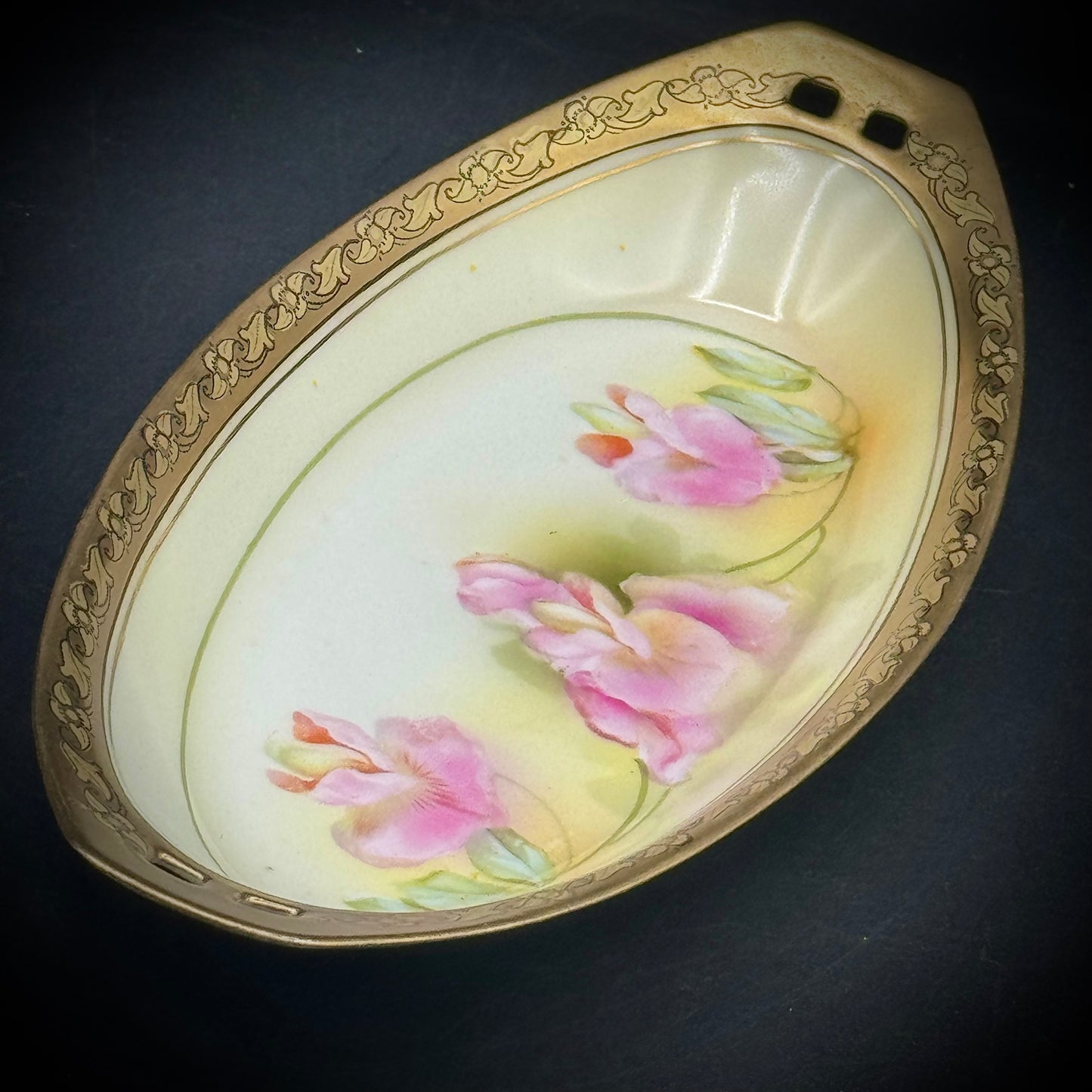 Vintage German Porcelain Dish with Flower Motif & Gold Accents