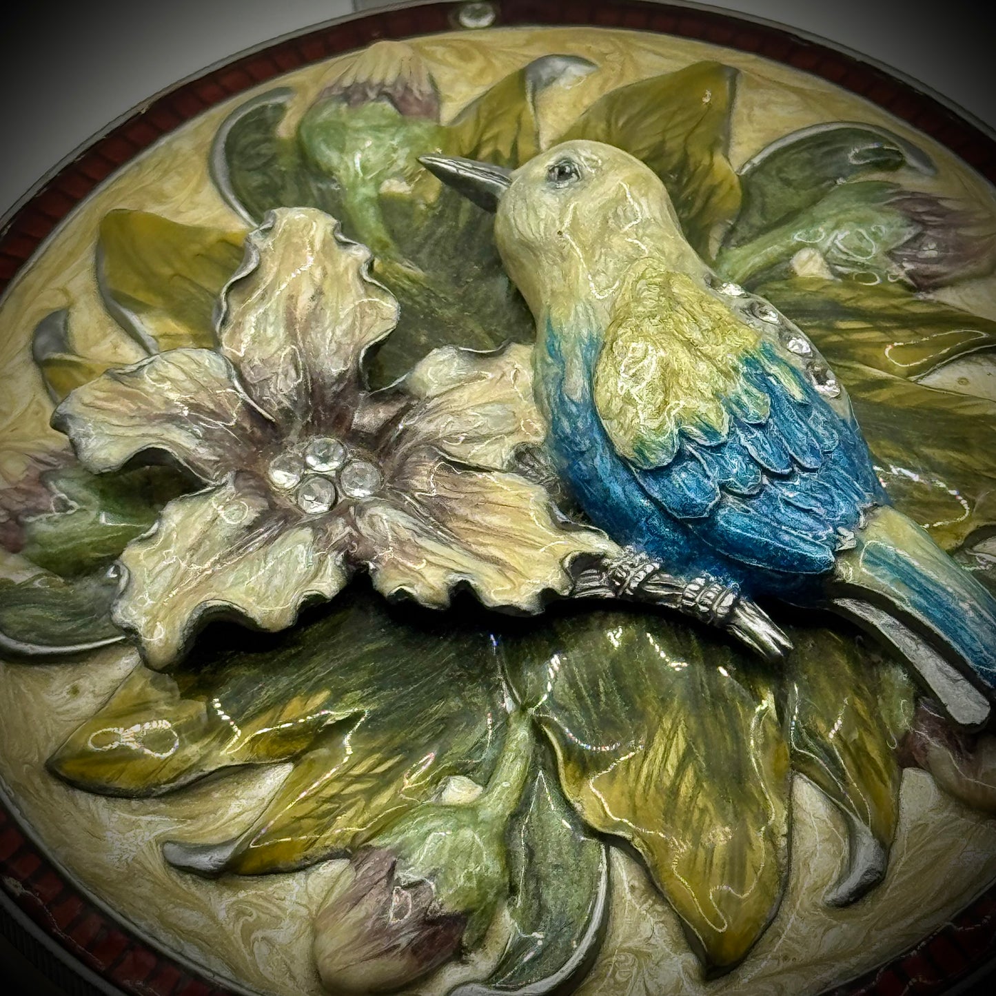Vintage Collette Et Cie Hummingbird Enamel & Crystal Trinket Box