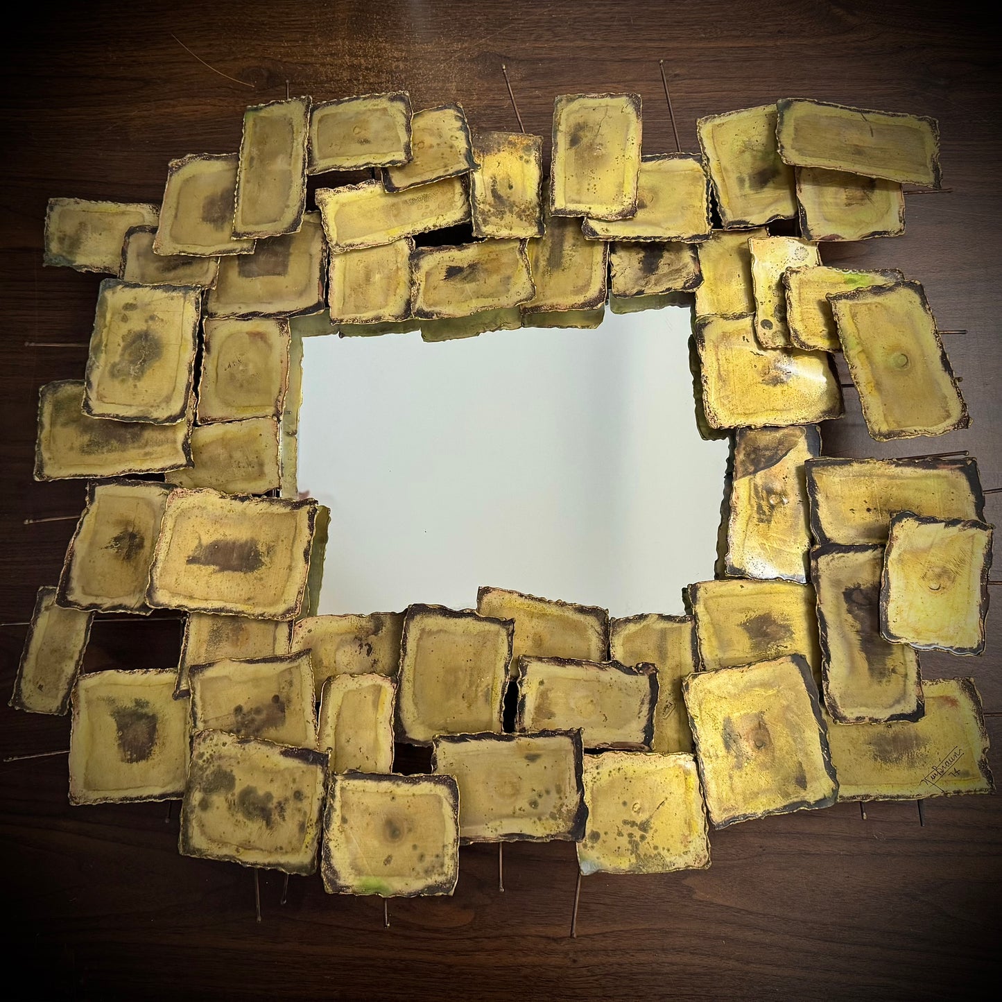 Stunning 1974 MCM Brutalist Artist Signed Brass Mirror