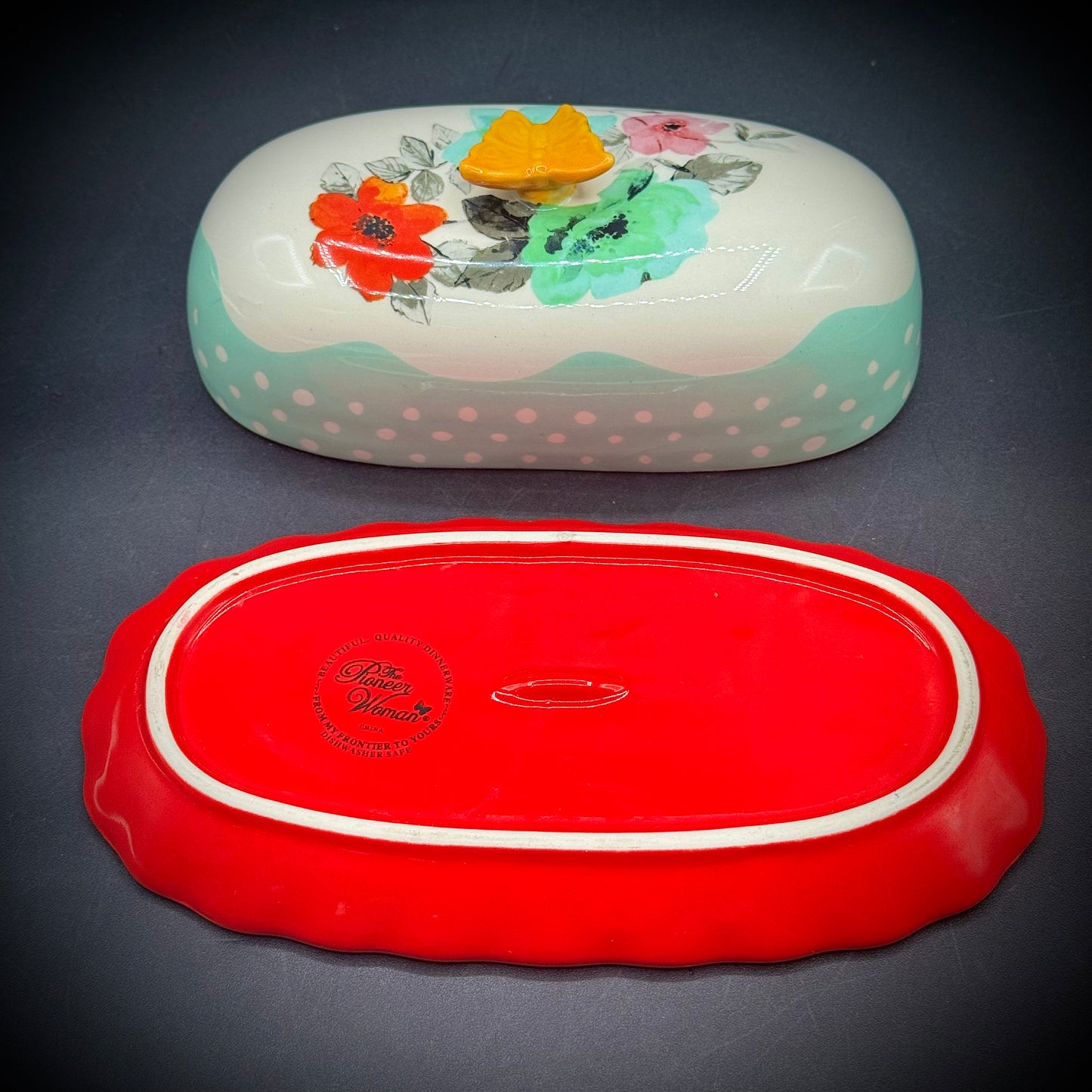 Pioneer Woman Lidded Butter Dish with Butterfly Motif